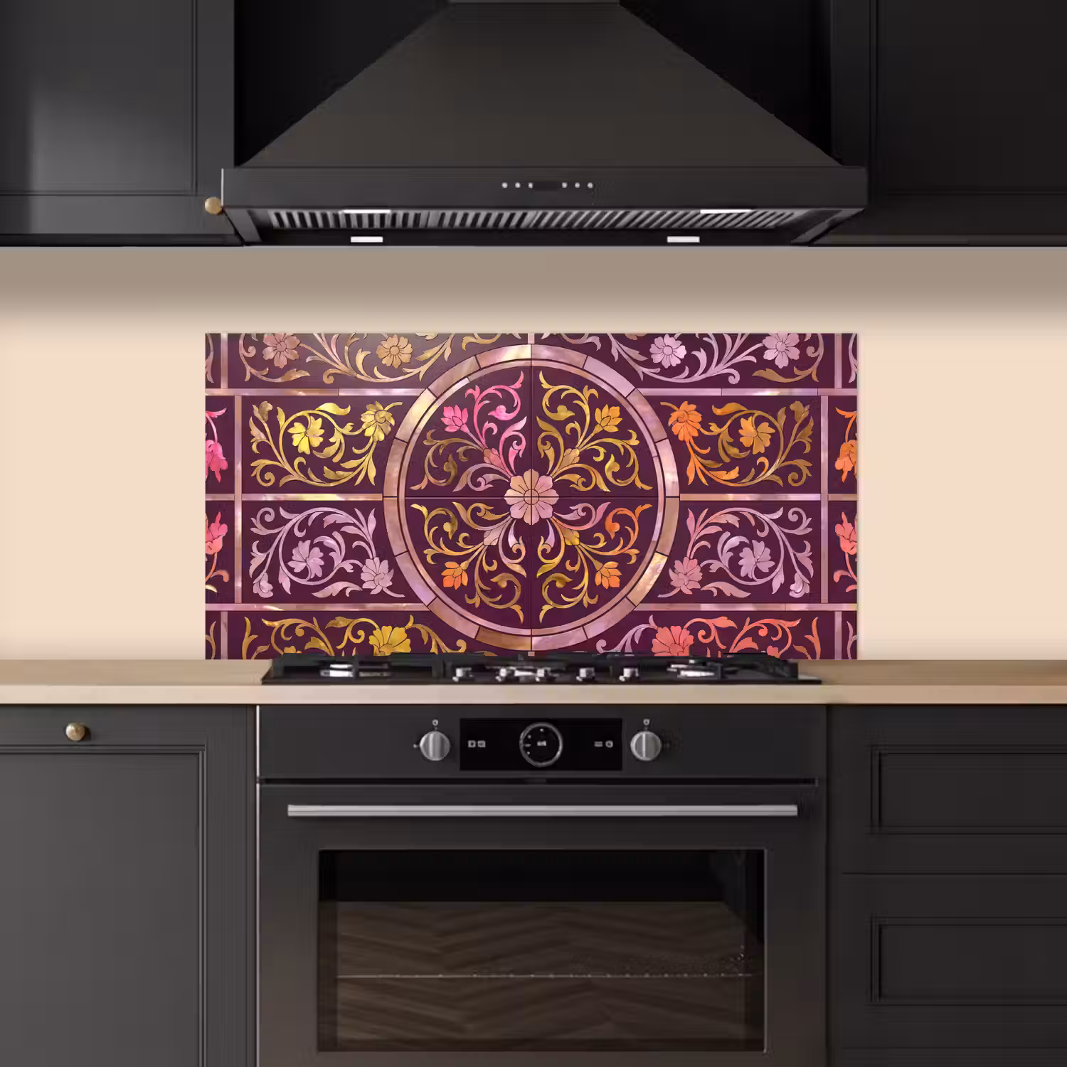 Patroon - Floraal - Oosters - Paars - Goud keuken achterwand spatscherm middel -sfeer1