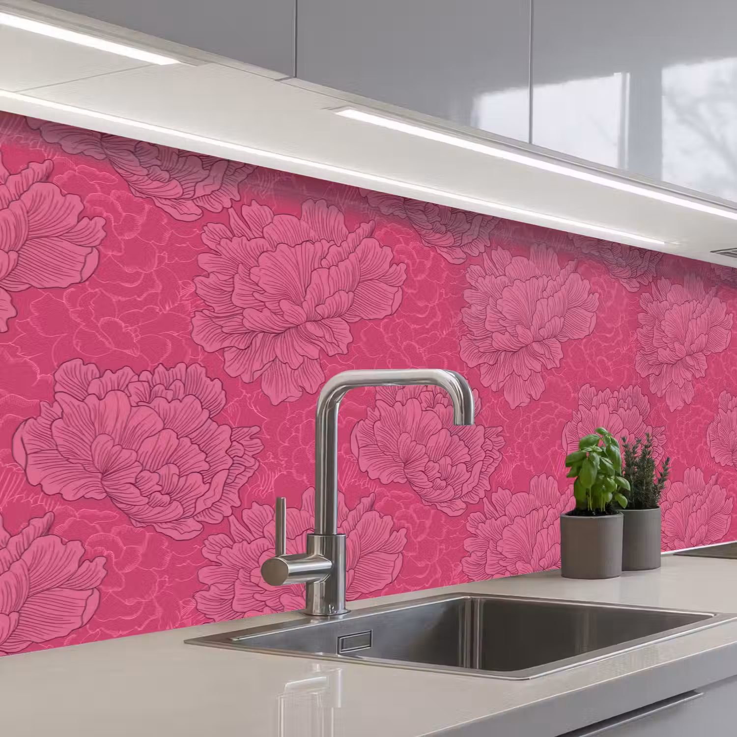 Pioenrozen - Energiek - Roze keuken achterwand 2 groot 857 -3d_schuin