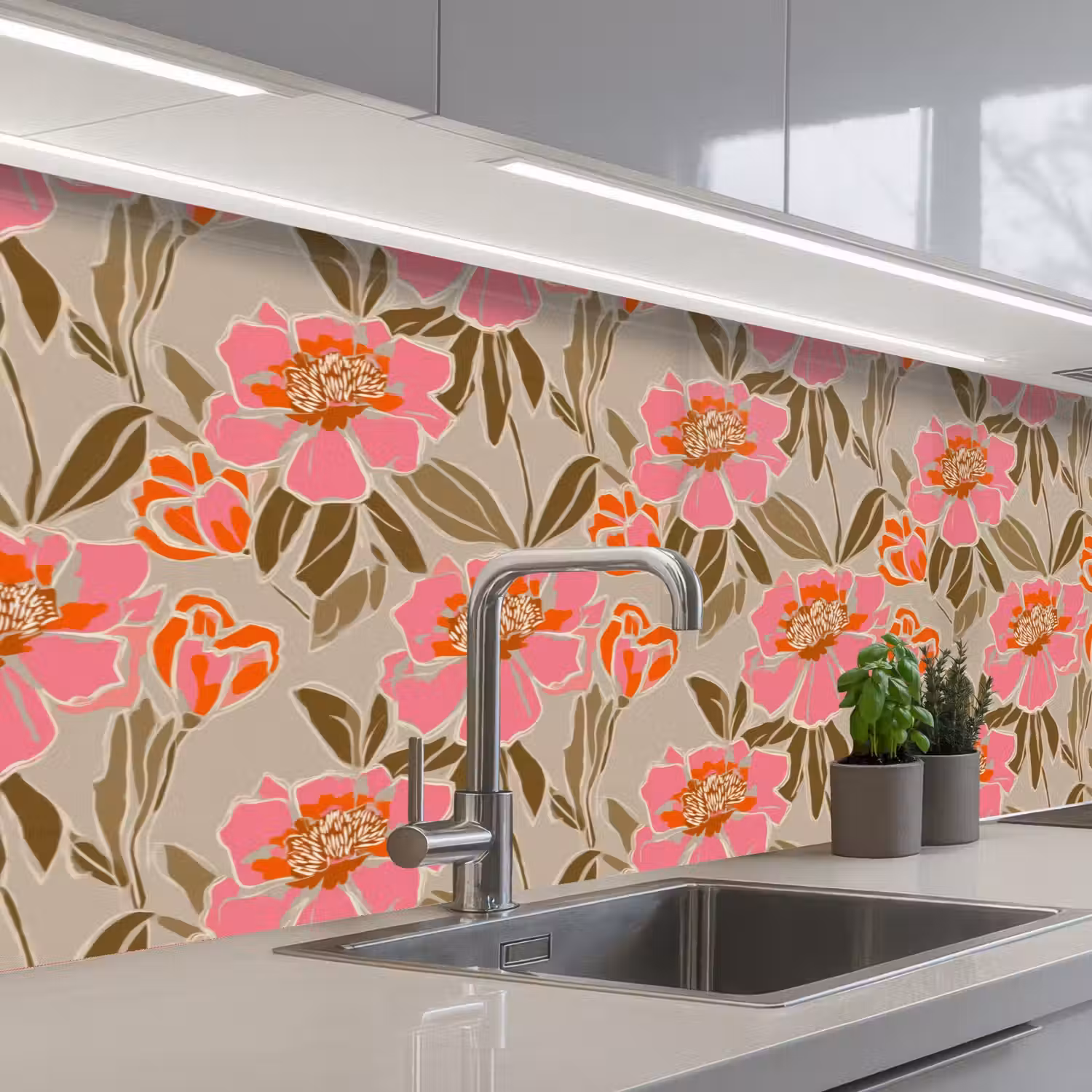 Pioenrozen - Patroon - Roze keuken achterwand 2 groot 857 -3d_schuin