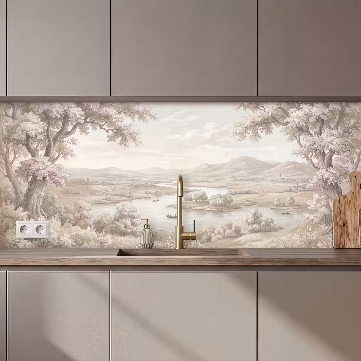 Rivierlandschap - Bergen - Natuur - Vintage - Beige keuken achterwand 2 middel zz_3dshopping