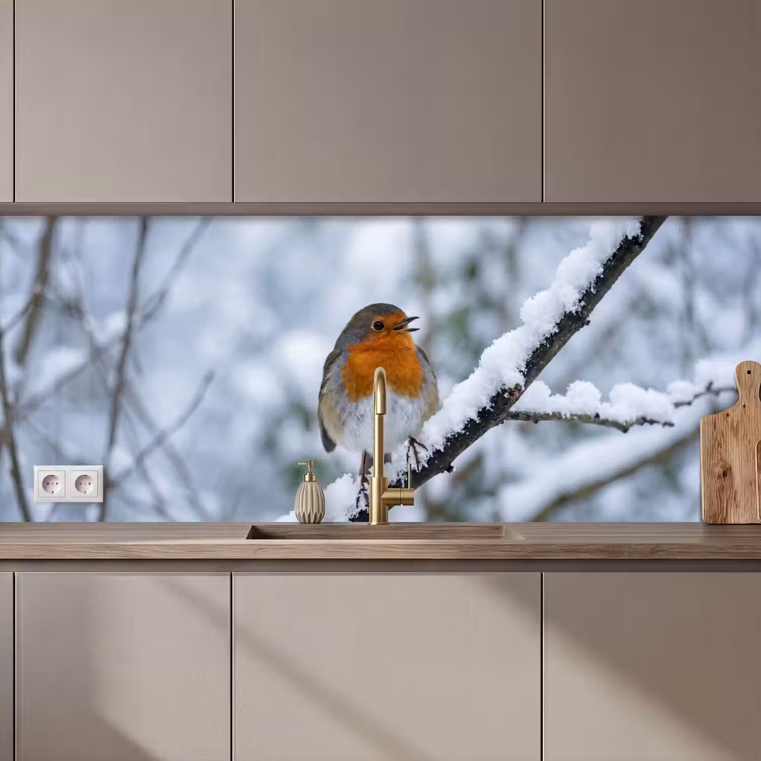 Roodborstje - Tak - Sneeuw - Winter - Levendig keuken achterwand 2 middel zz_3dshopping