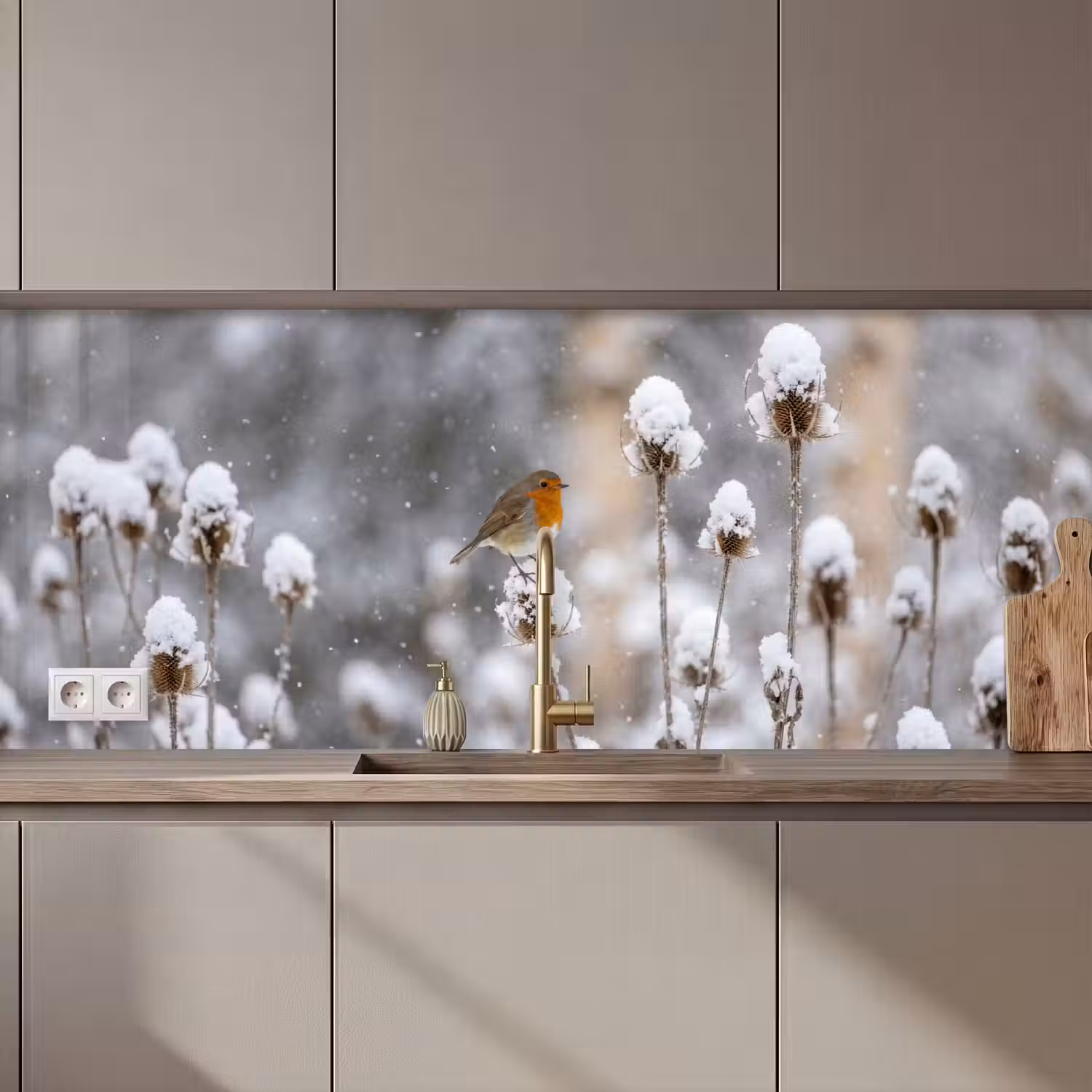 Roodborstje - Gedroogde bloem - Sneeuw - Winter - Vertederend keuken achterwand 2 middel zz_3dshopping