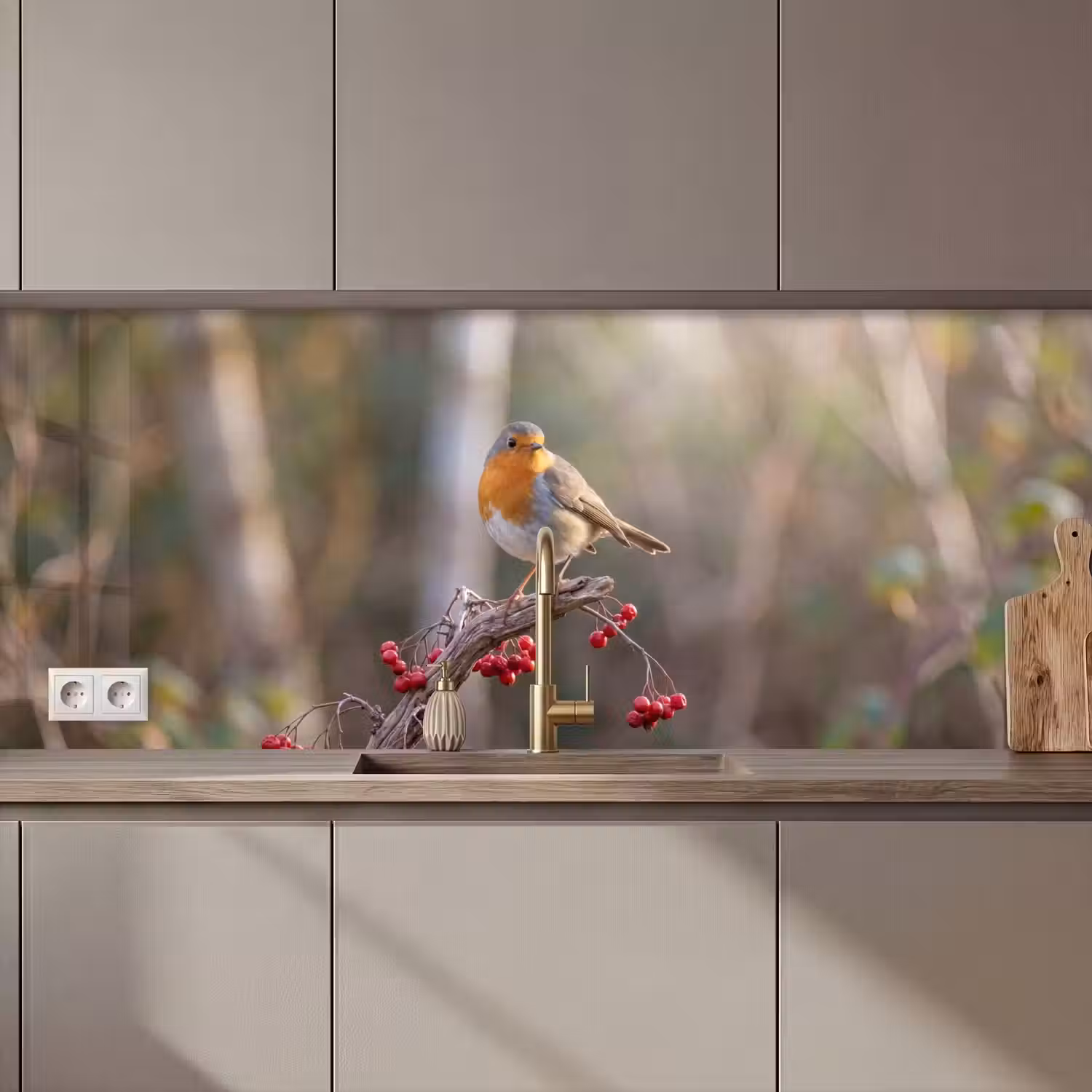 Roodborst - Tak - Bessen - Natuur keuken achterwand 2 middel zz_3dshopping