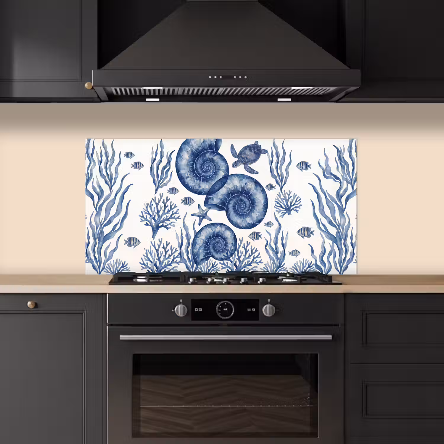 Schelp - Spiraal - Zeeleven - Aquarel - Blauw keuken achterwand spatscherm middel -sfeer1