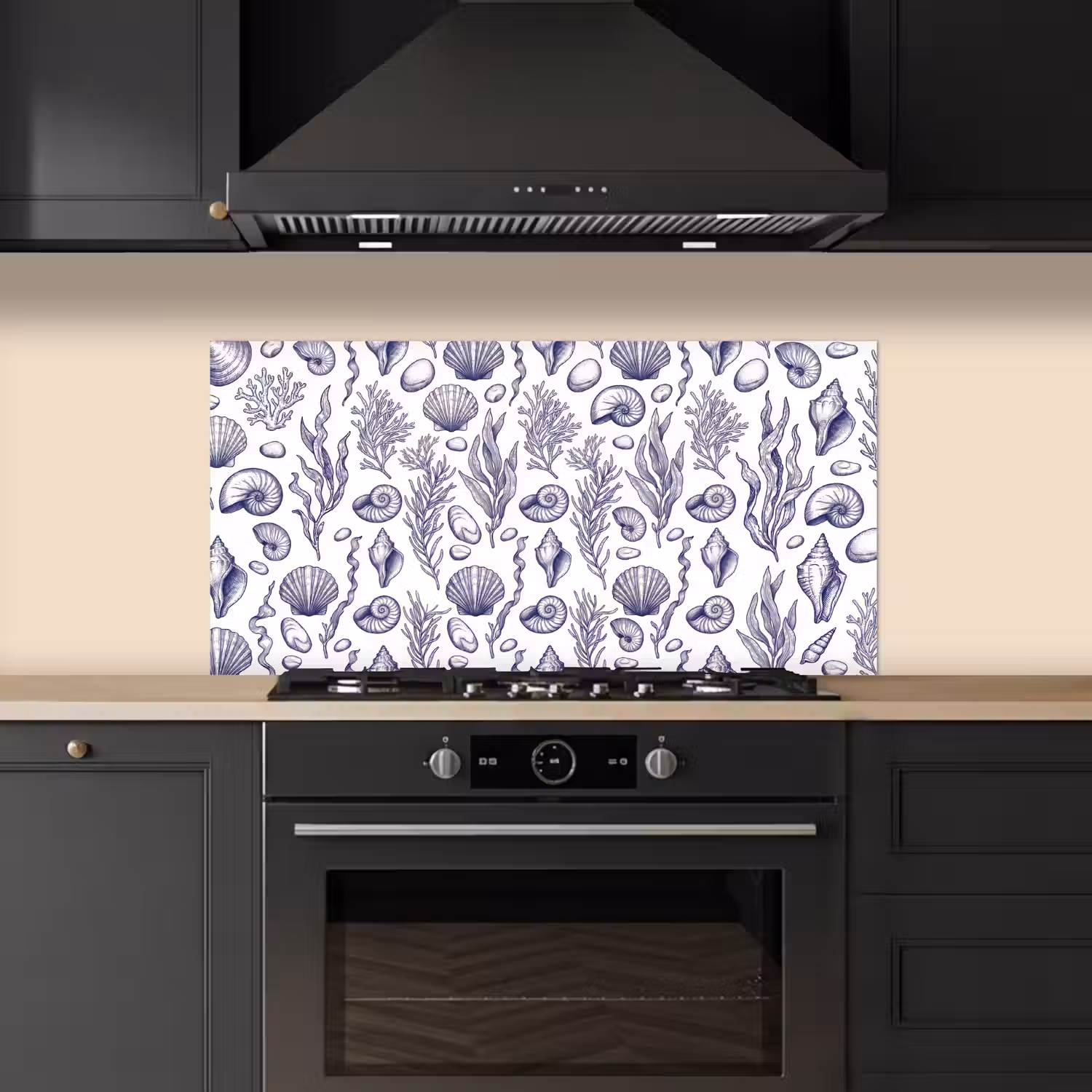 Schelpen - Zeewier - Oceaan - Illustratie - Blauw keuken achterwand spatscherm middel -sfeer1
