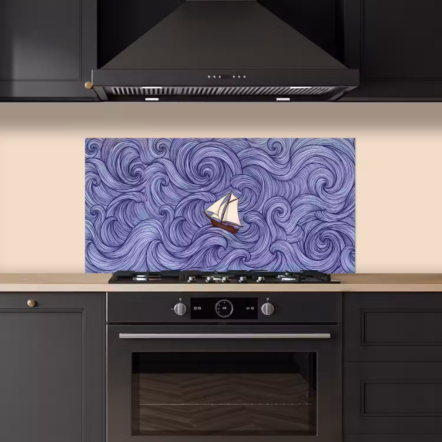 Schip - Golven - Zee - Illustratie - Blauw keuken achterwand spatscherm middel -sfeer1