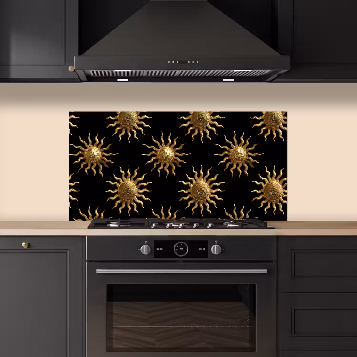 Zon - Patroon - Luxe - Goud - Zwart keuken achterwand spatscherm middel 899 -sfeer1