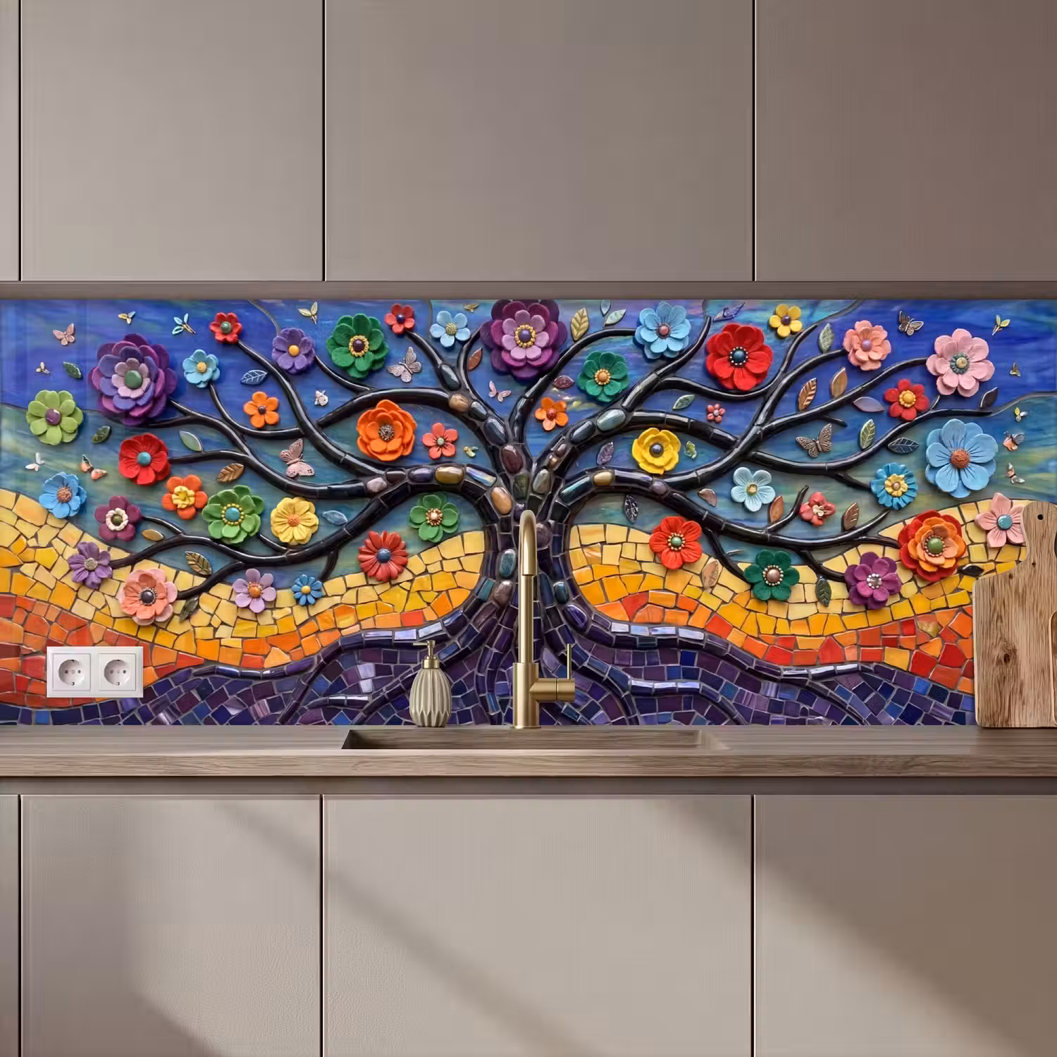 Levensboom - Mozaïek - Bloemen - Kleurrijk - Vrolijk keuken achterwand 2 middel zz_3dshopping