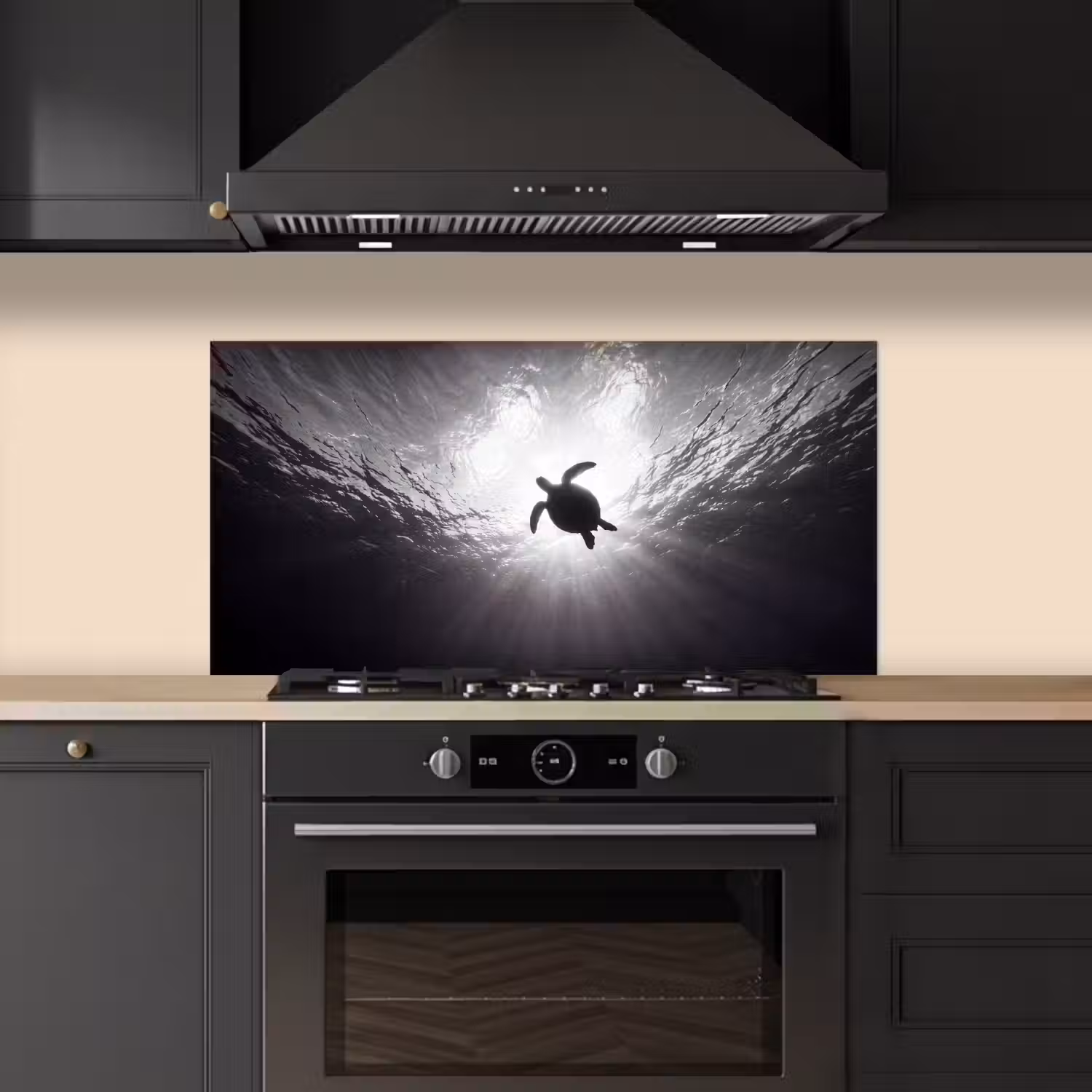 Schildpad - Onderwater - Lichtstralen - Oceaan - Zwart-wit keuken achterwand spatscherm middel -sfeer1