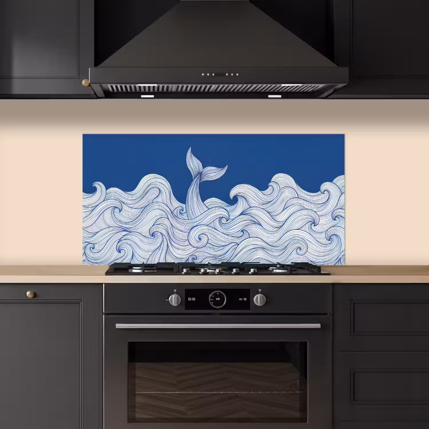 Walvis - Staart - Golven - Lijntekening - Blauw keuken achterwand spatscherm middel -sfeer1