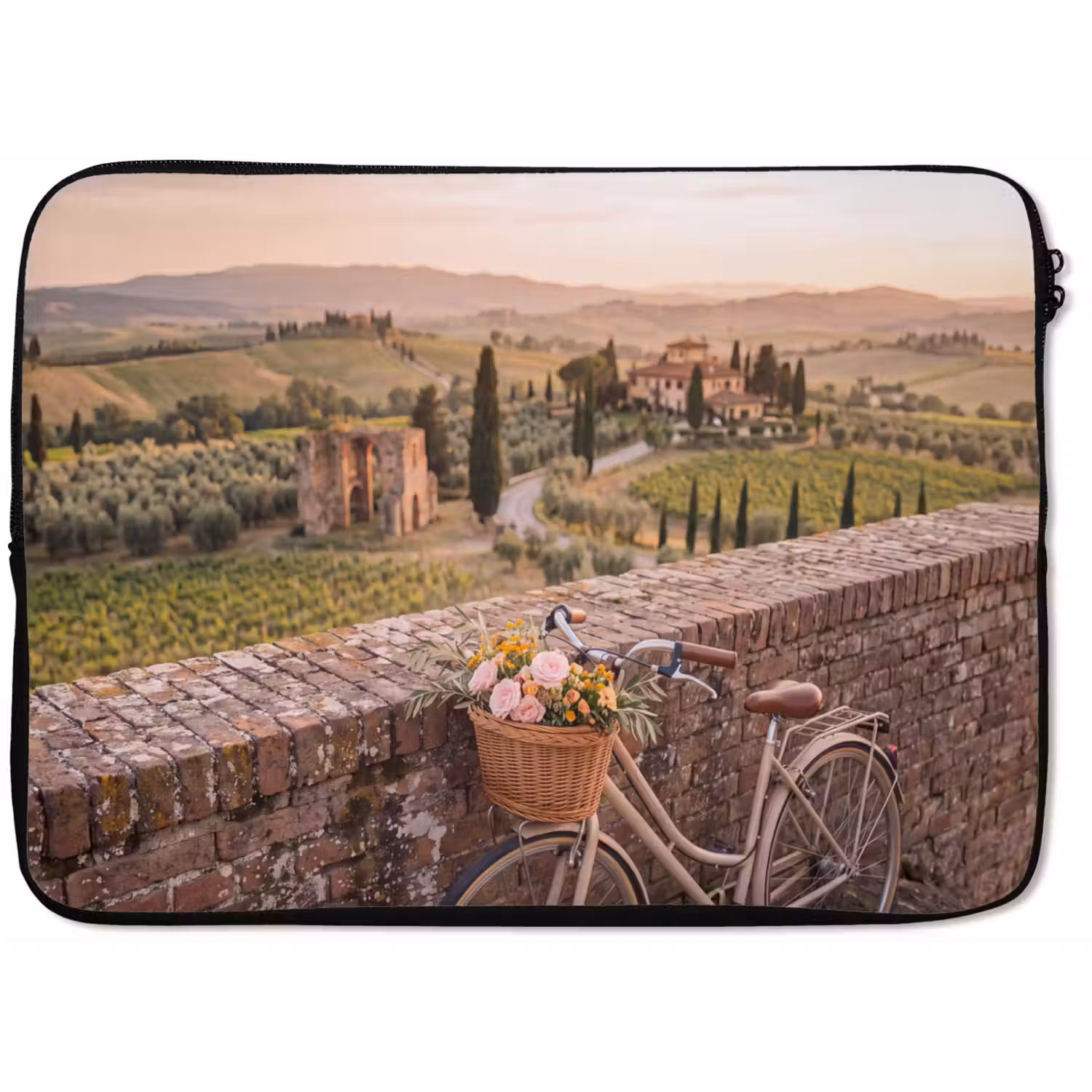 Fiets - Bloemen - Toscane - Landschap - Roze laptophoes neopreen klein -zkaufland3dotto