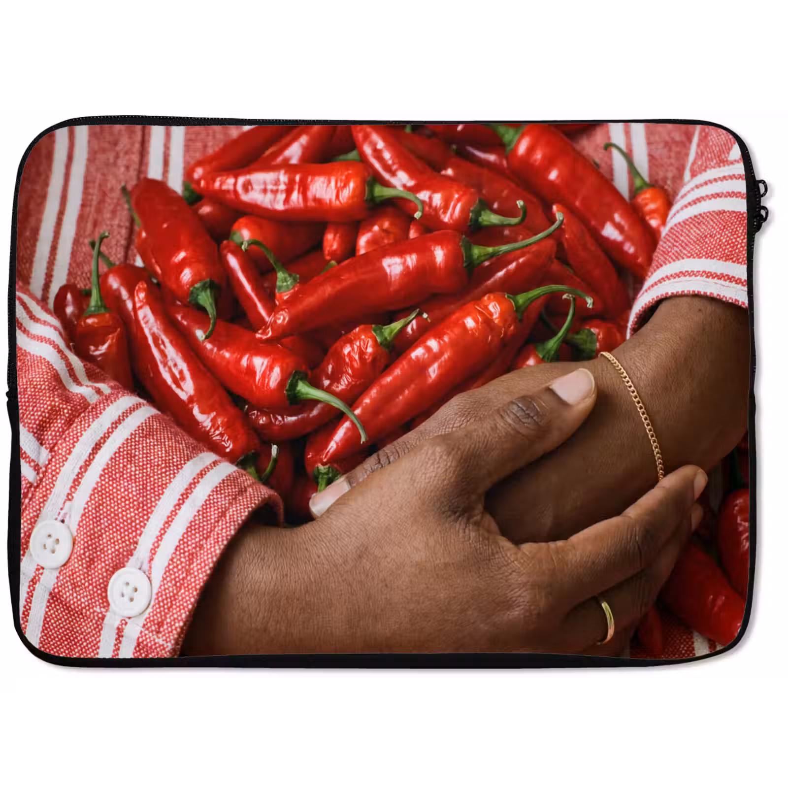 Laptop Sleeve - Chili Peppers - Red - Hands - Chilipepers - Rood - Handen laptophoes neopreen klein