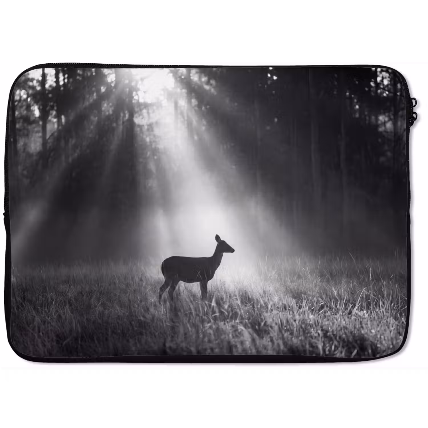 Hert - Bos - Zonnestralen - Zwart-wit - Natuur laptophoes neopreen klein -zkaufland3dotto