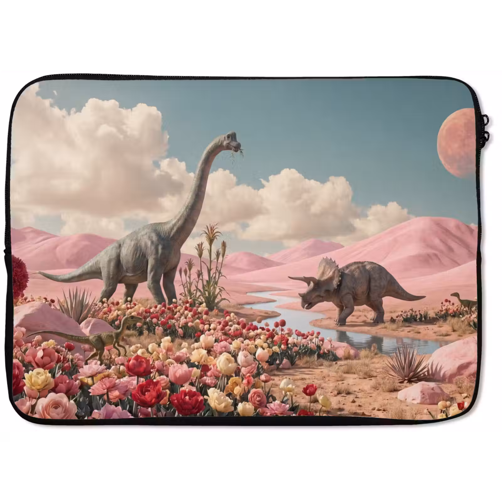 Laptop Sleeve - Dinosaur - Pink - Landscape - Dinosaurus - Roze - Landschap laptophoes neopreen klein