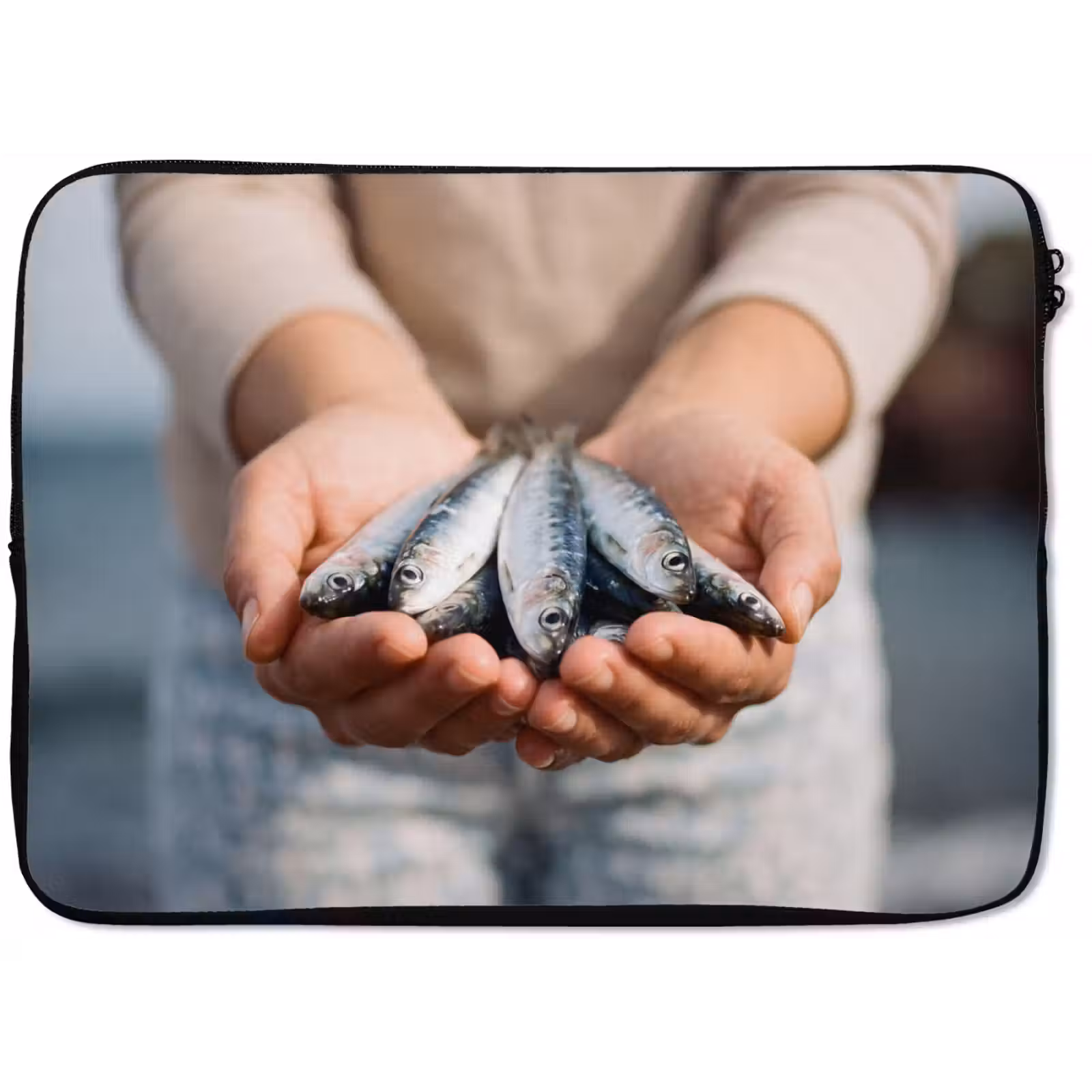 Laptop Sleeve - Fish - Hands - Nature - Vis - Handen - Natuur laptophoes neopreen klein