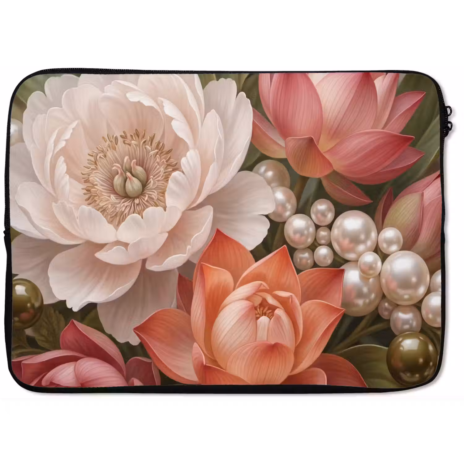Bloemen - Parels - Elegant - Roze - Wit laptophoes neopreen klein -zkaufland3dotto