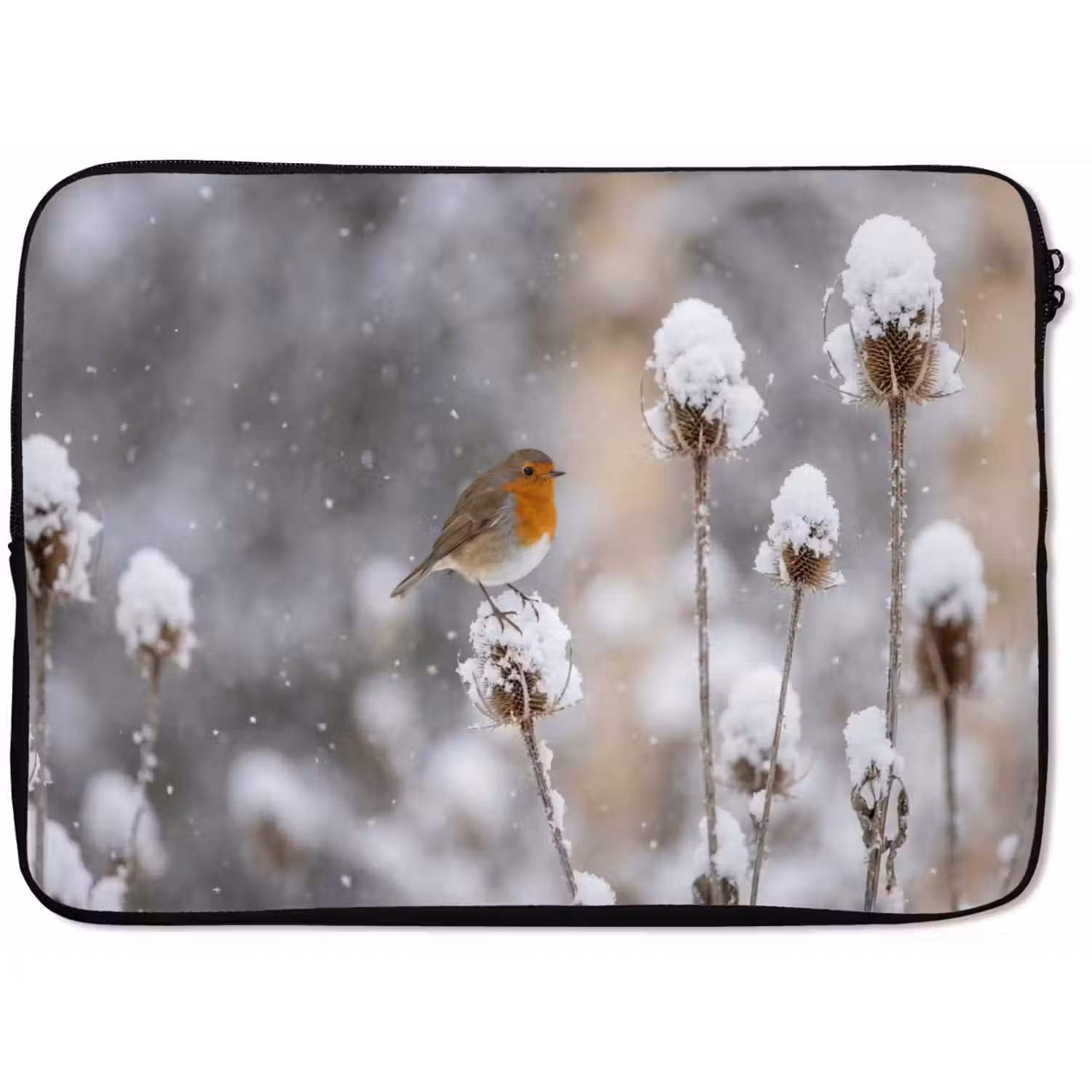 Roodborstje - Gedroogde bloem - Sneeuw - Winter - Vertederend laptophoes neopreen klein -zkaufland3dotto