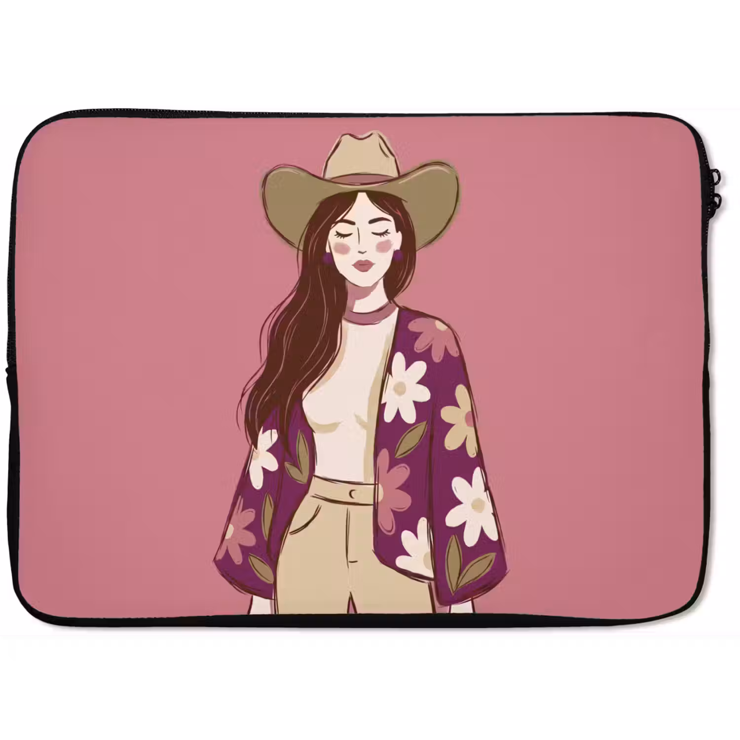 Vrouw - Hoed - Portret - Illustratie - Roze laptophoes neopreen klein -zkaufland3dotto