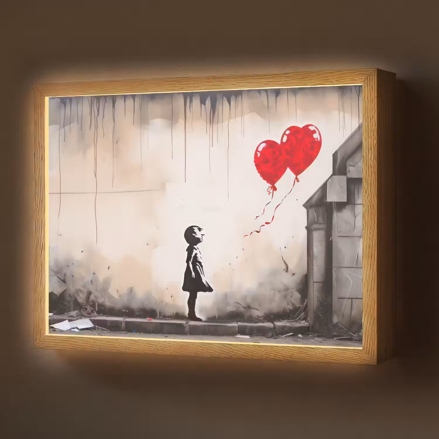 Kunst - Meisje - Ballonnen - Hart - Grijs Light Box met batterij (Wandlamp) middel -z3d_website