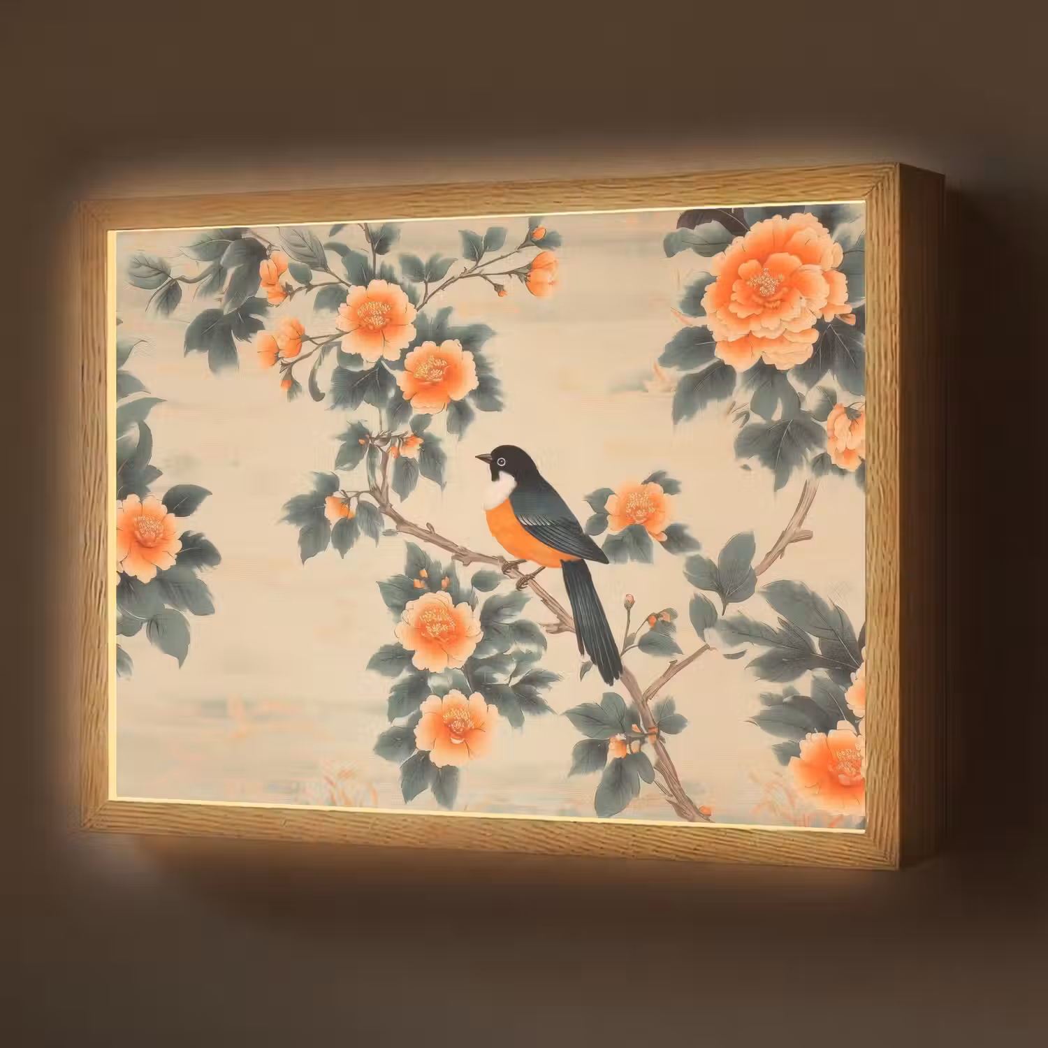 Vogel - Tak - Bloemen - Oranje Light Box met batterij (Wandlamp) middel -z3d_website