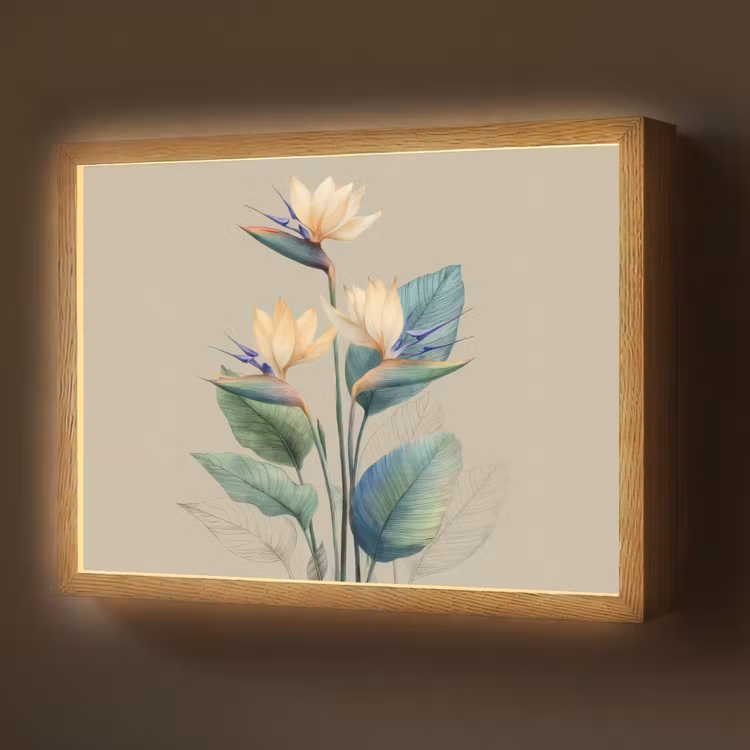 Paradijsvogelbloemen - Blauwgroene bladeren - Beige Light Box met batterij (Wandlamp) middel -z3d_website