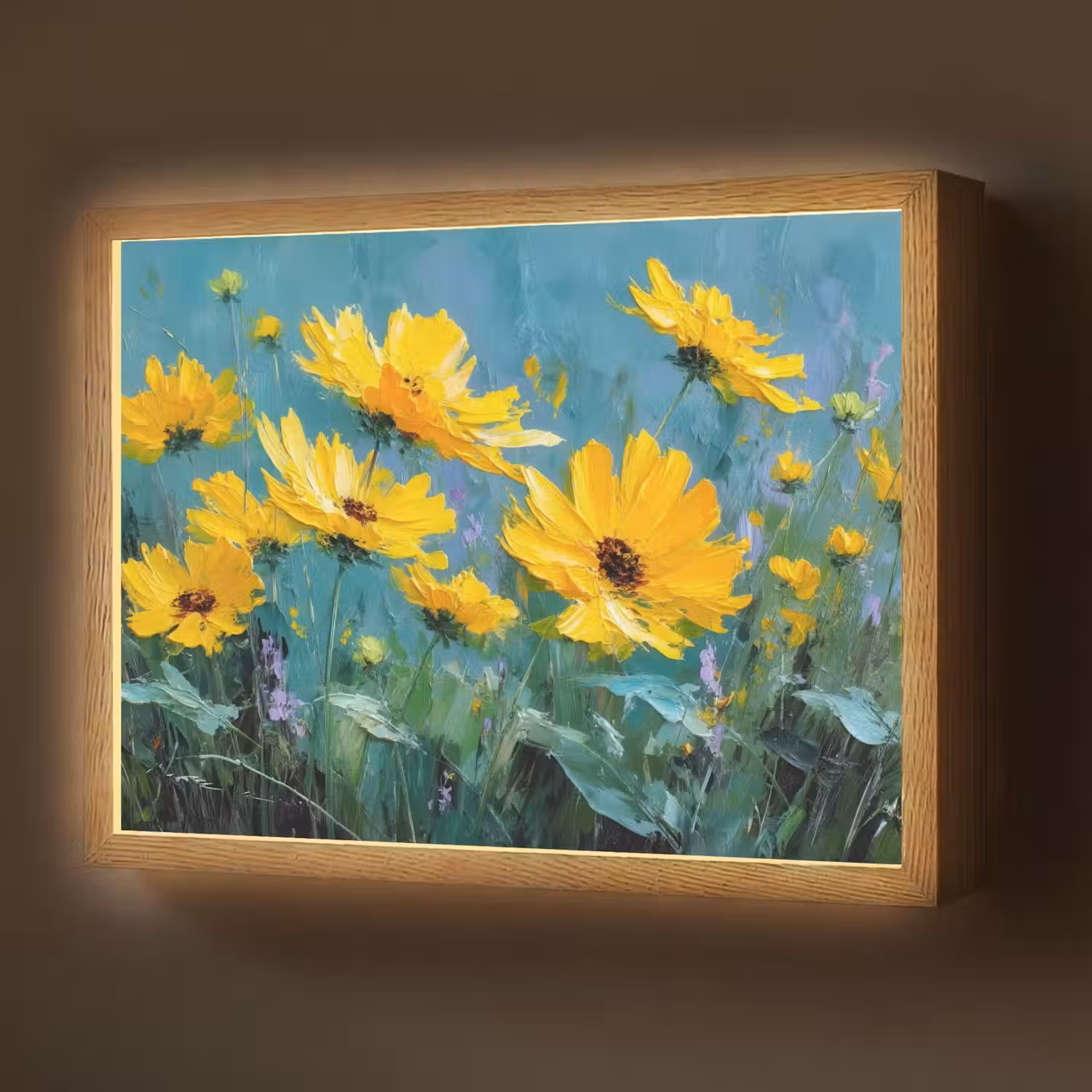 Penseelstreken - Bloemen - Felgeel - Abstract Light Box met batterij (Wandlamp) middel -z3d_website