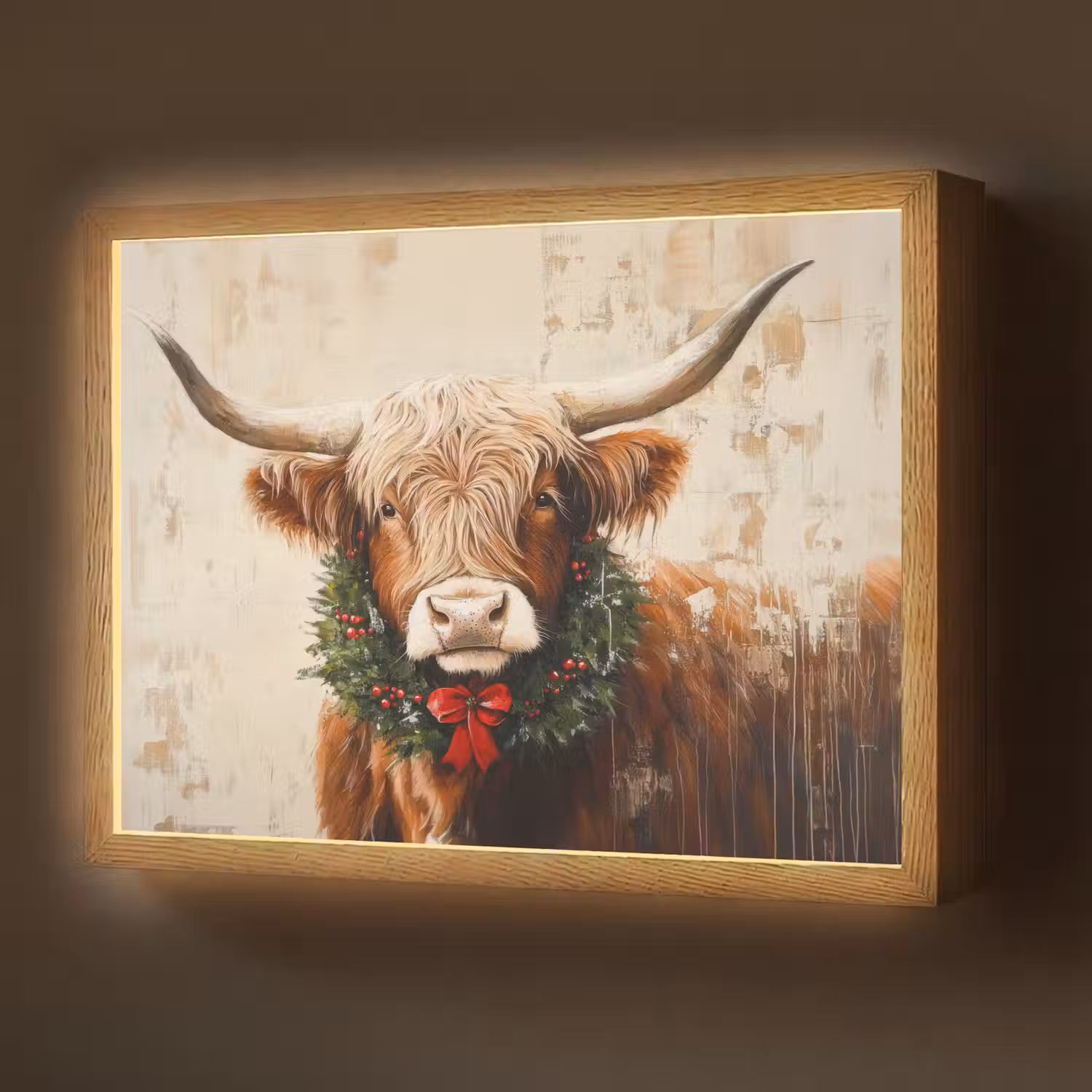 Kerst - Schotse Hooglander - Bruin - Krans Light Box met batterij (Wandlamp) middel -z3d_website