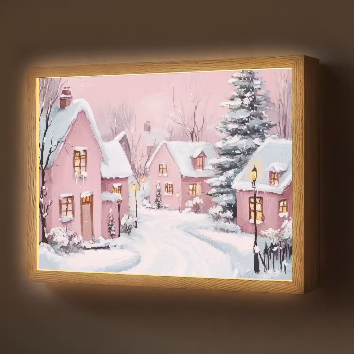 Kerstdorp - Roze - Winter - Sneeuw - Huizen Light Box met batterij (Wandlamp) middel -z3d_website