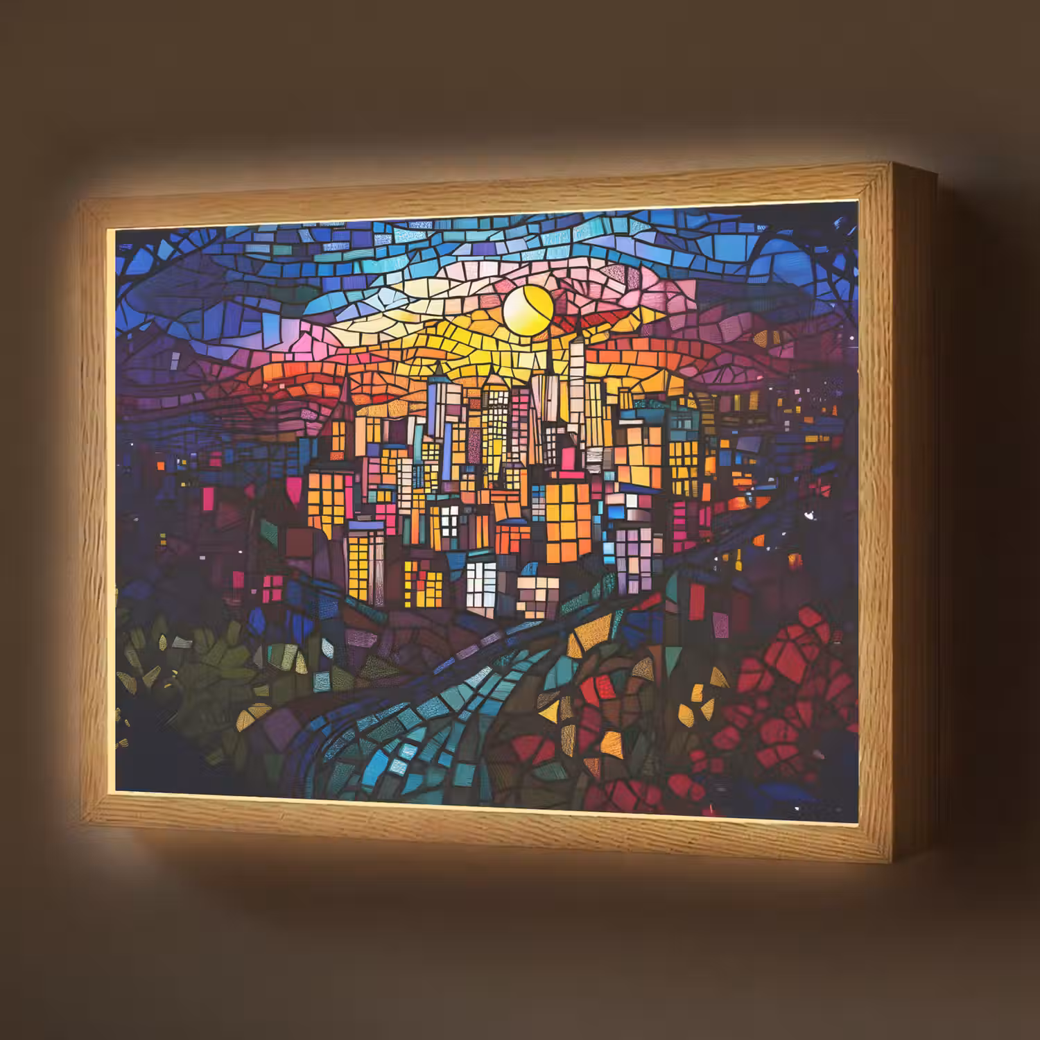 Stad - Maan - Mozaïek - Kleurrijk Light Box met batterij (Wandlamp) middel -z3d_website