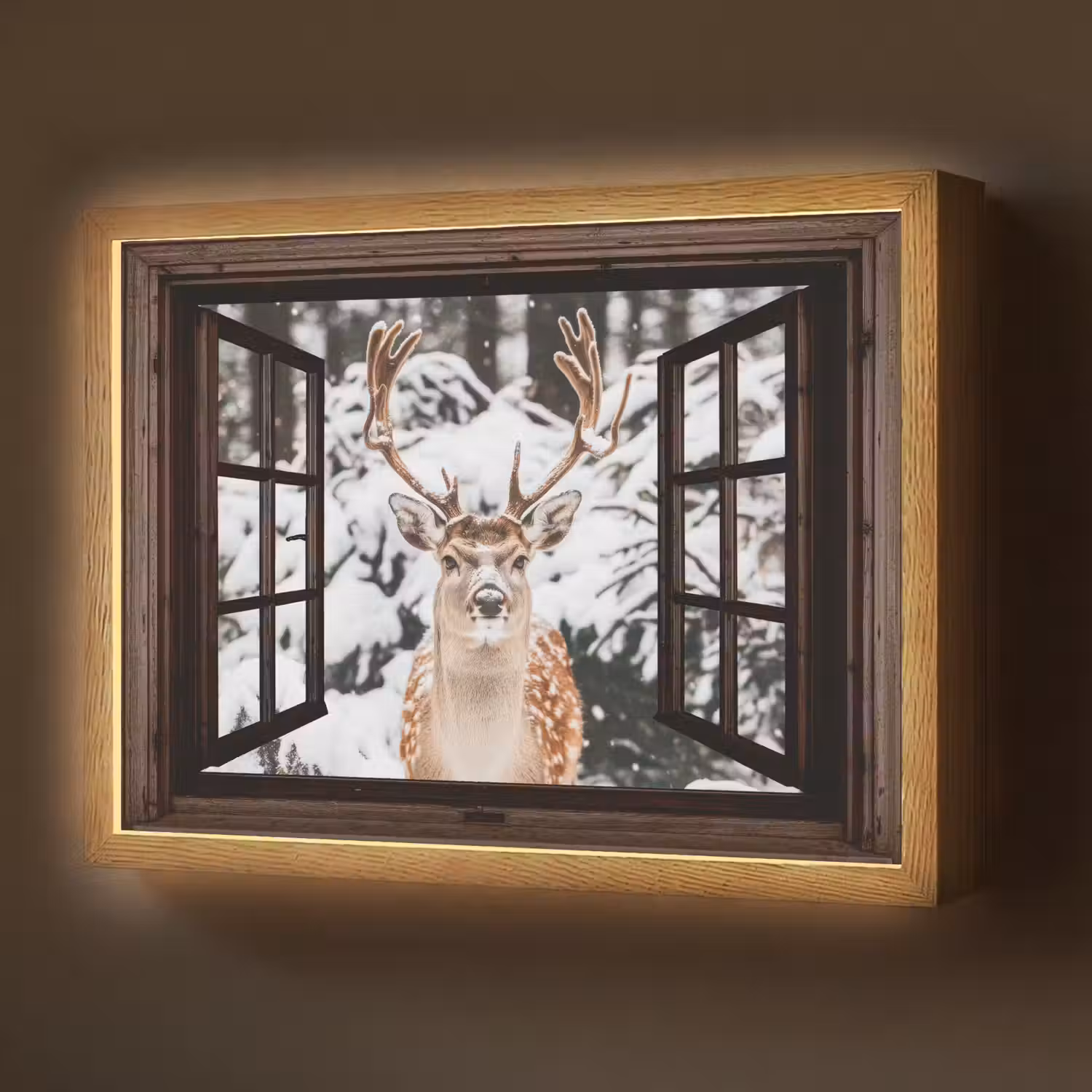 Hert - Sneeuw - Winter - Bos - Dieren - Doorkijk Light Box met batterij (Wandlamp) middel -z3d_website