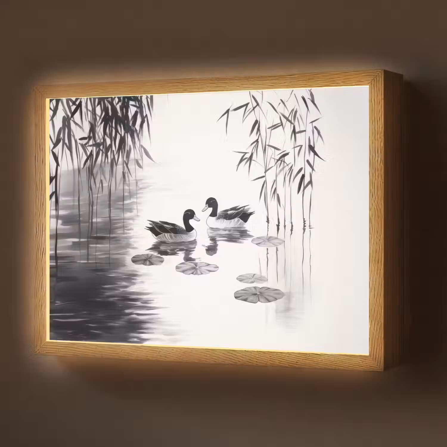 Eenden - Waterlelies - Riet - Zwart Light Box met batterij (Wandlamp) middel -z3d_website