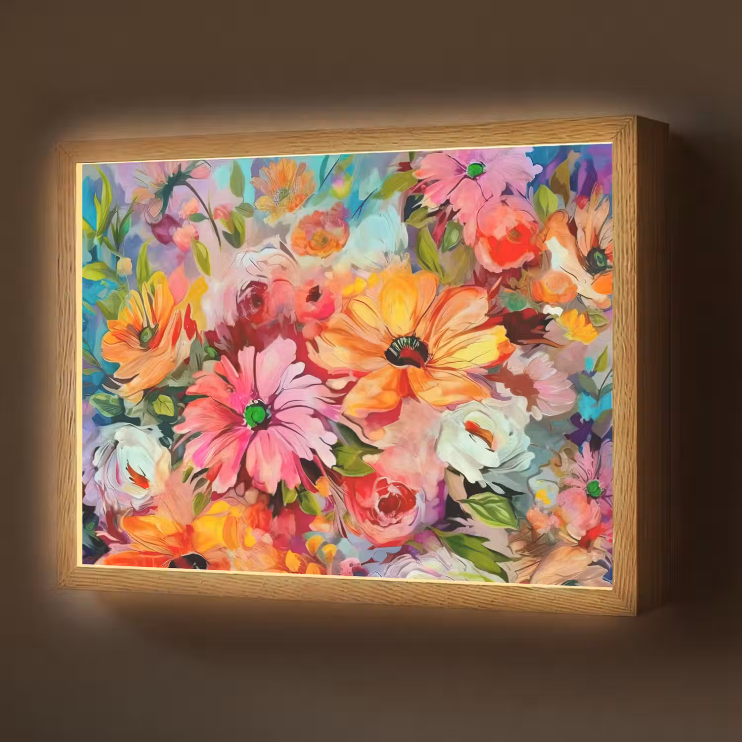 Bloemen - Kleurrijk - Kunst - Olieverf Light Box met batterij (Wandlamp) middel -z3d_website