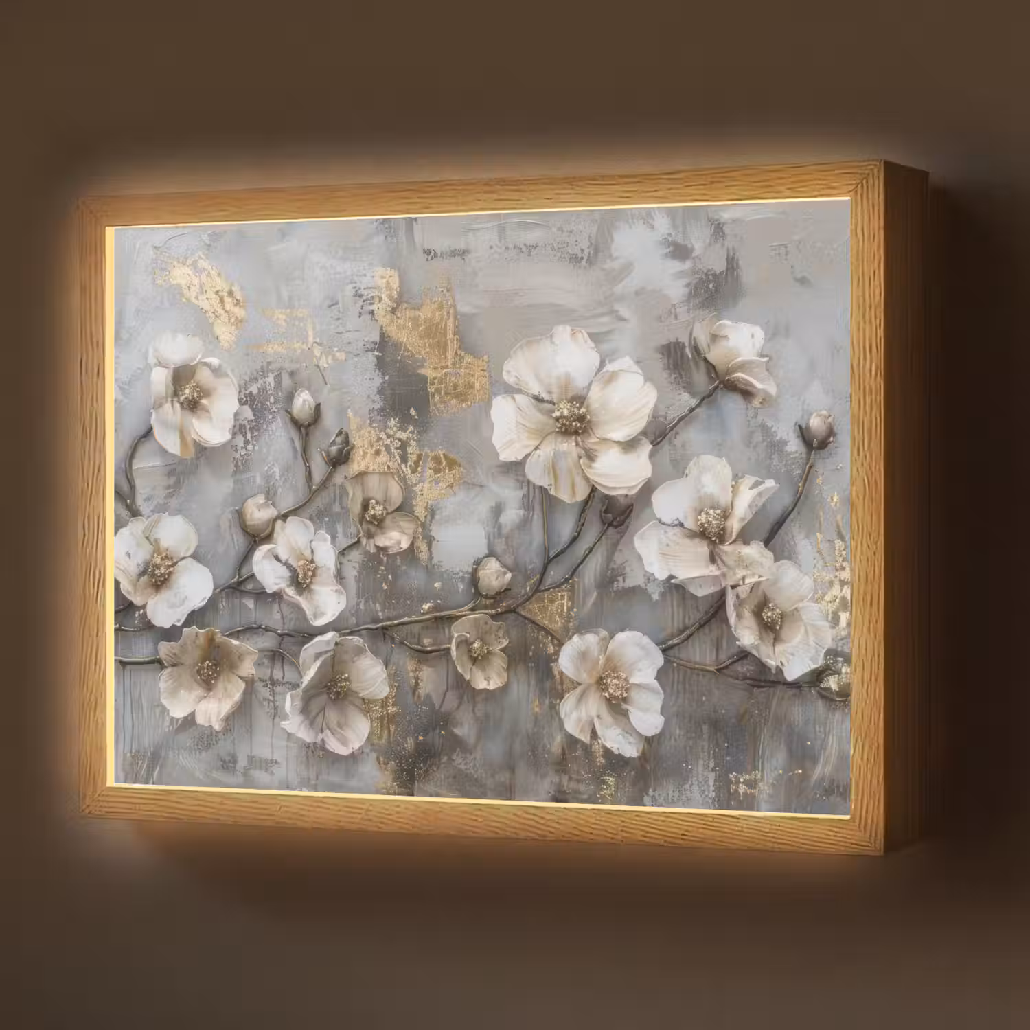 Bloemen - Wit - Grijs - Goud - Luxe Light Box met batterij (Wandlamp) middel -z3d_website