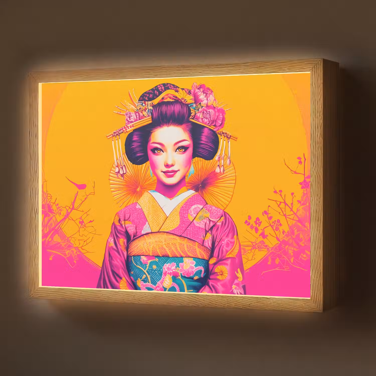 Bloemen - Vrouw - Kimono - Roze Light Box met batterij (Wandlamp) middel -z3d_website