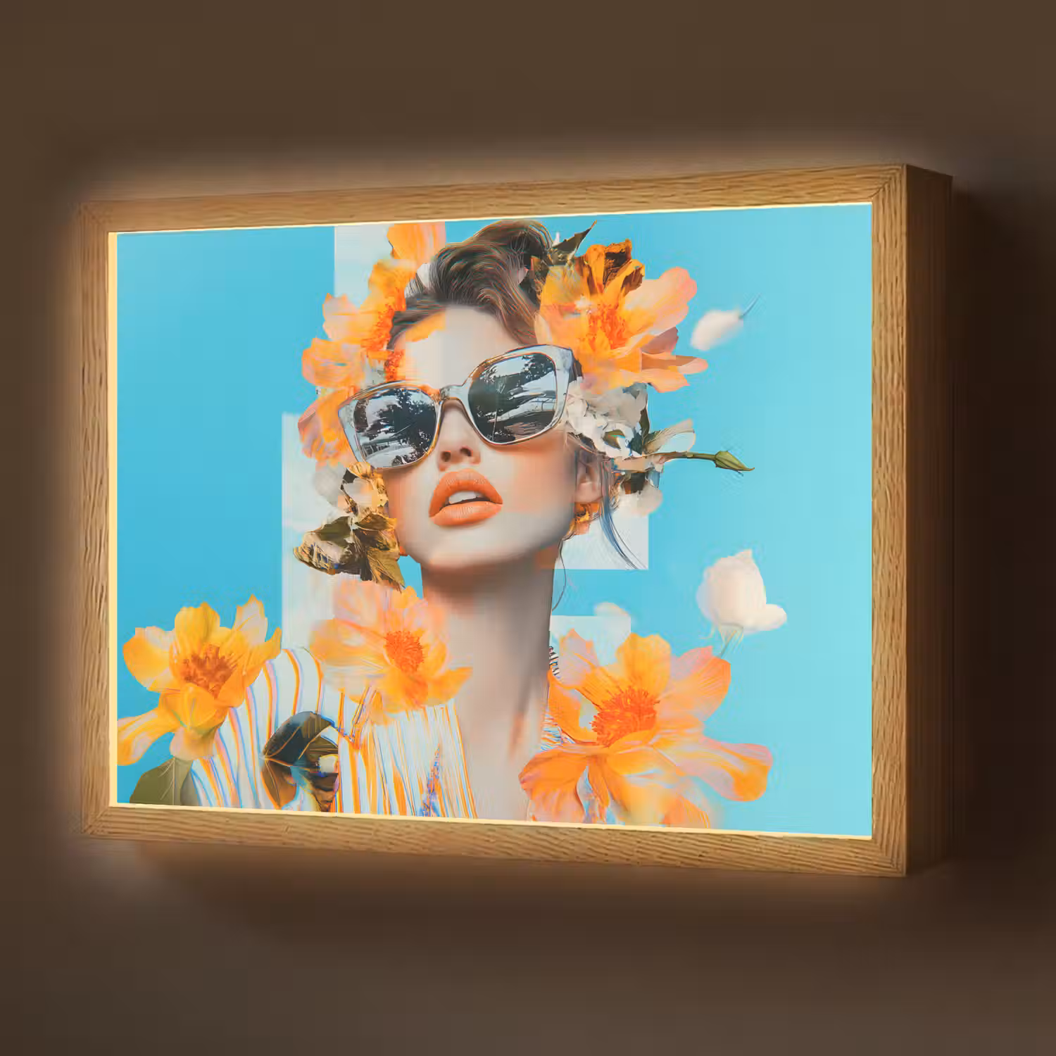 Bloemen - Vrouw - Zonnebril - Blauw Light Box met batterij (Wandlamp) middel -z3d_website
