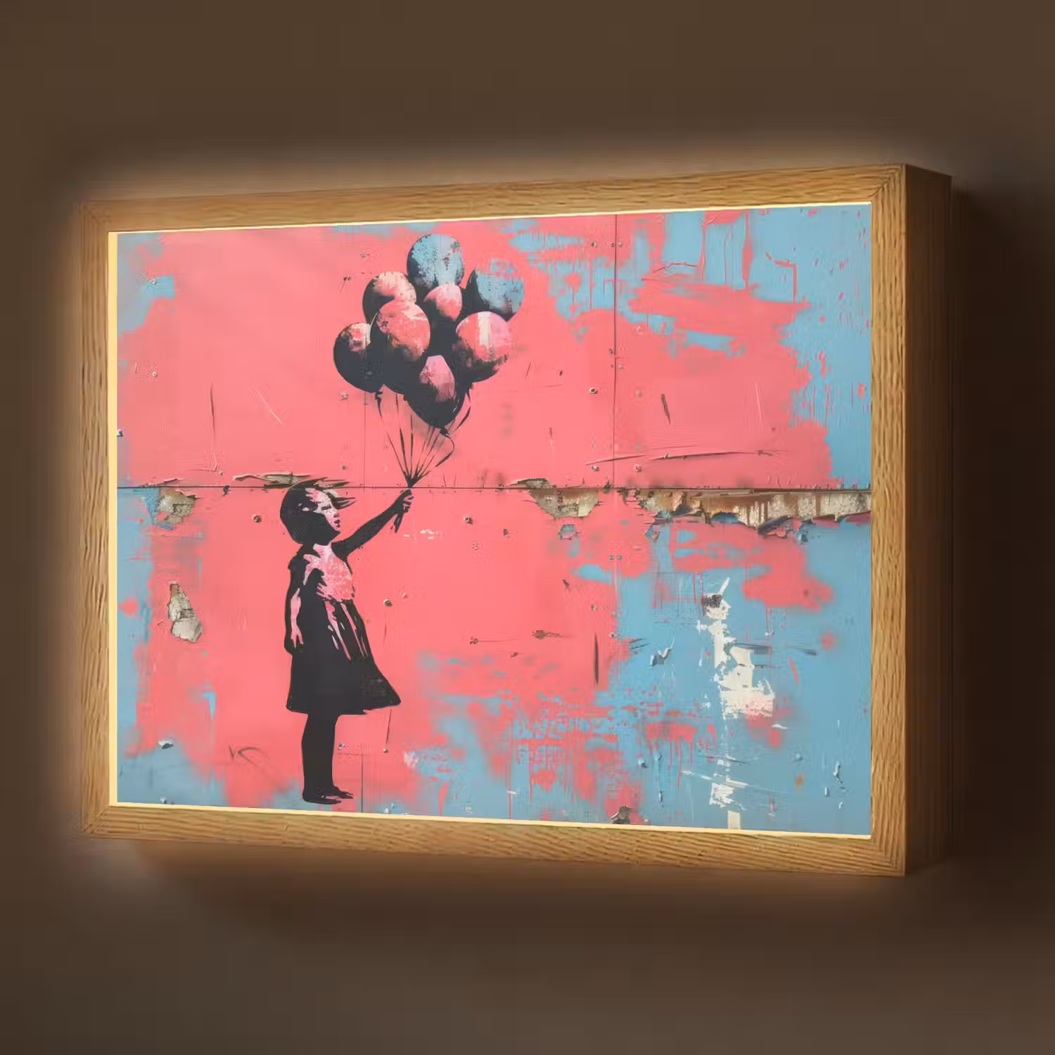 Graffiti - Meisje - Ballon - Roze - Blauw - Street art Light Box met batterij (Wandlamp) middel -z3d_website