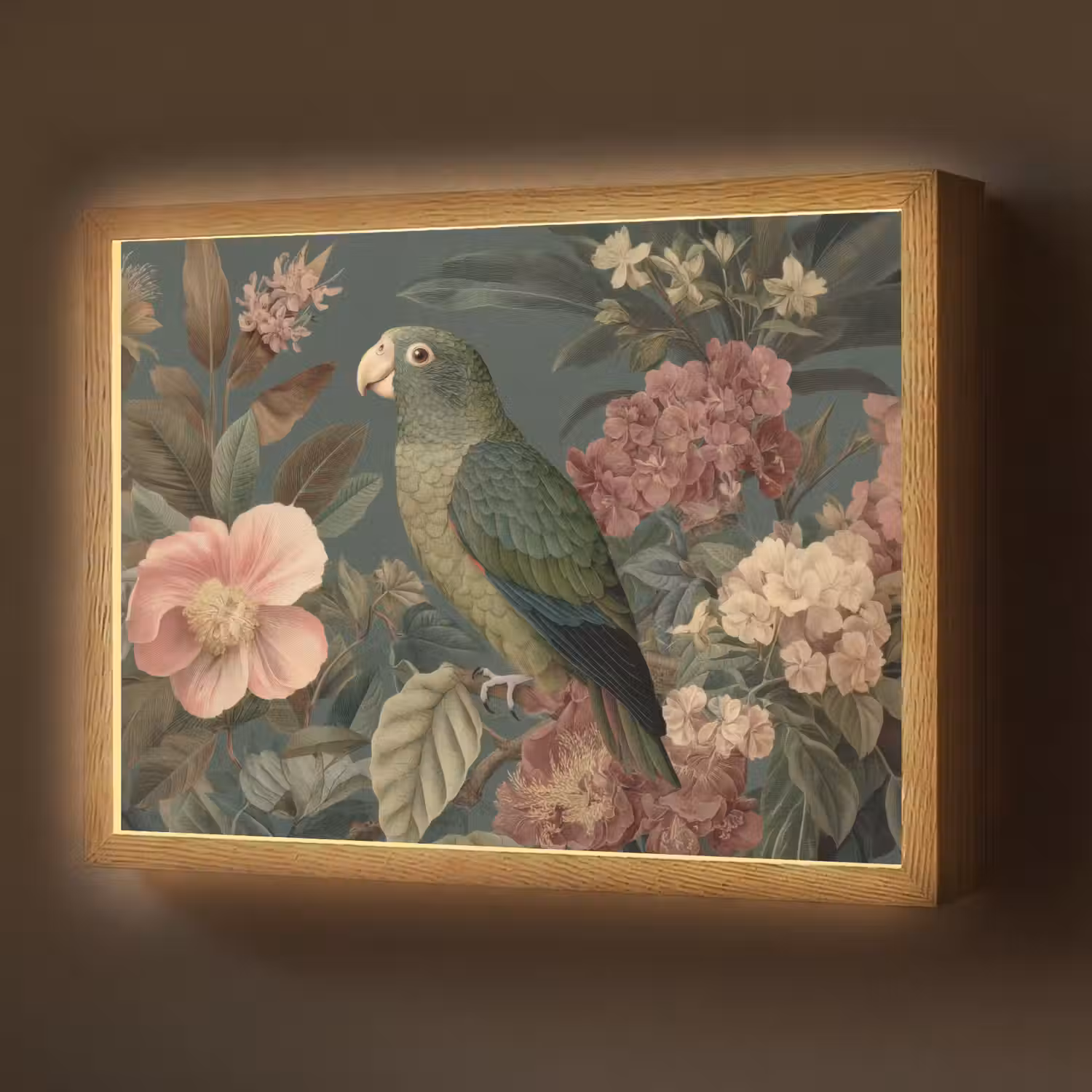 Groene papegaai - Kleurrijke bloemen - Donkere achtergrond Light Box met batterij (Wandlamp) middel -z3d_website