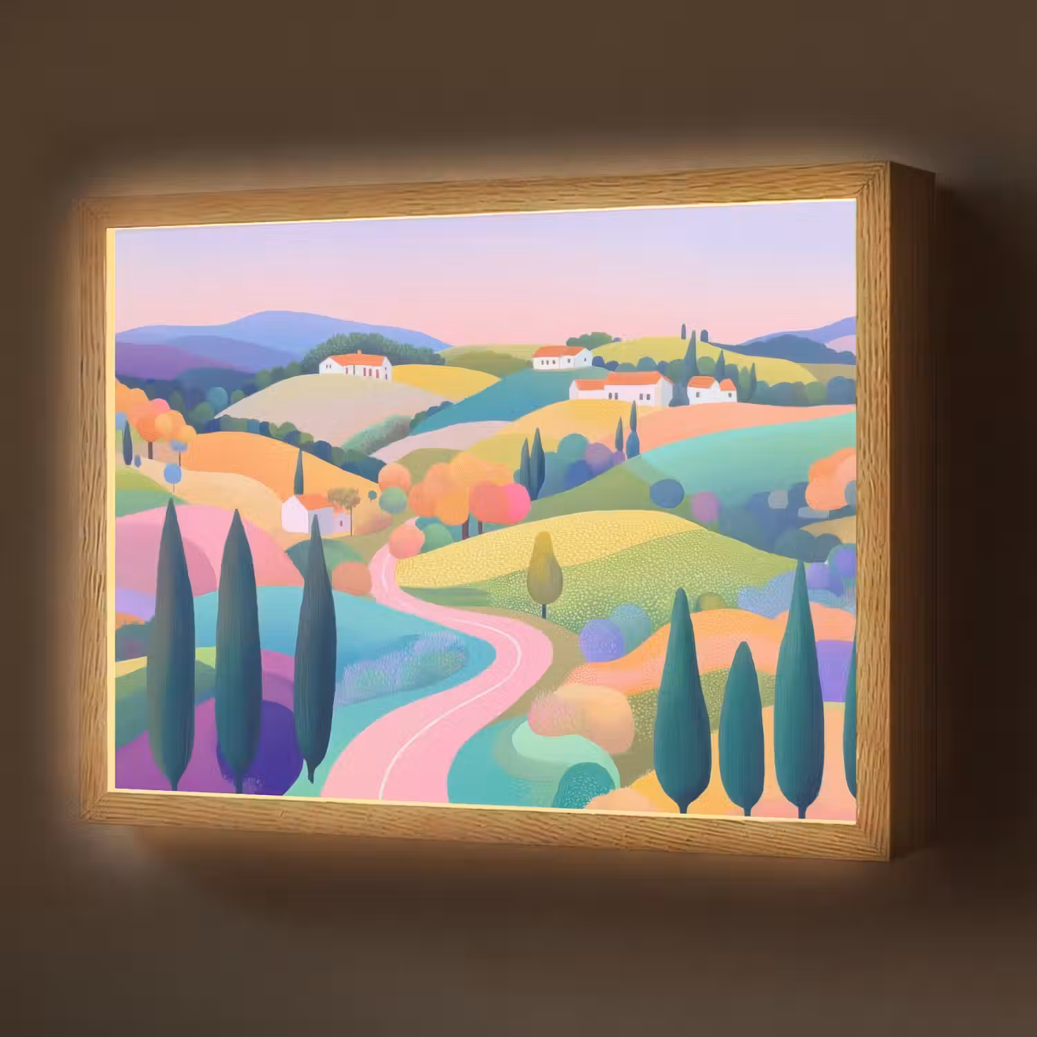 Landschap - Paars - Pastel - Huizen Light Box met batterij (Wandlamp) middel -z3d_website