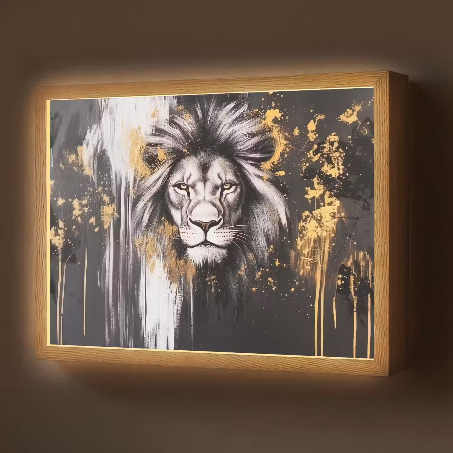 Leeuw - Portret - Verfspatten - Grijs Light Box met batterij (Wandlamp) middel -z3d_website