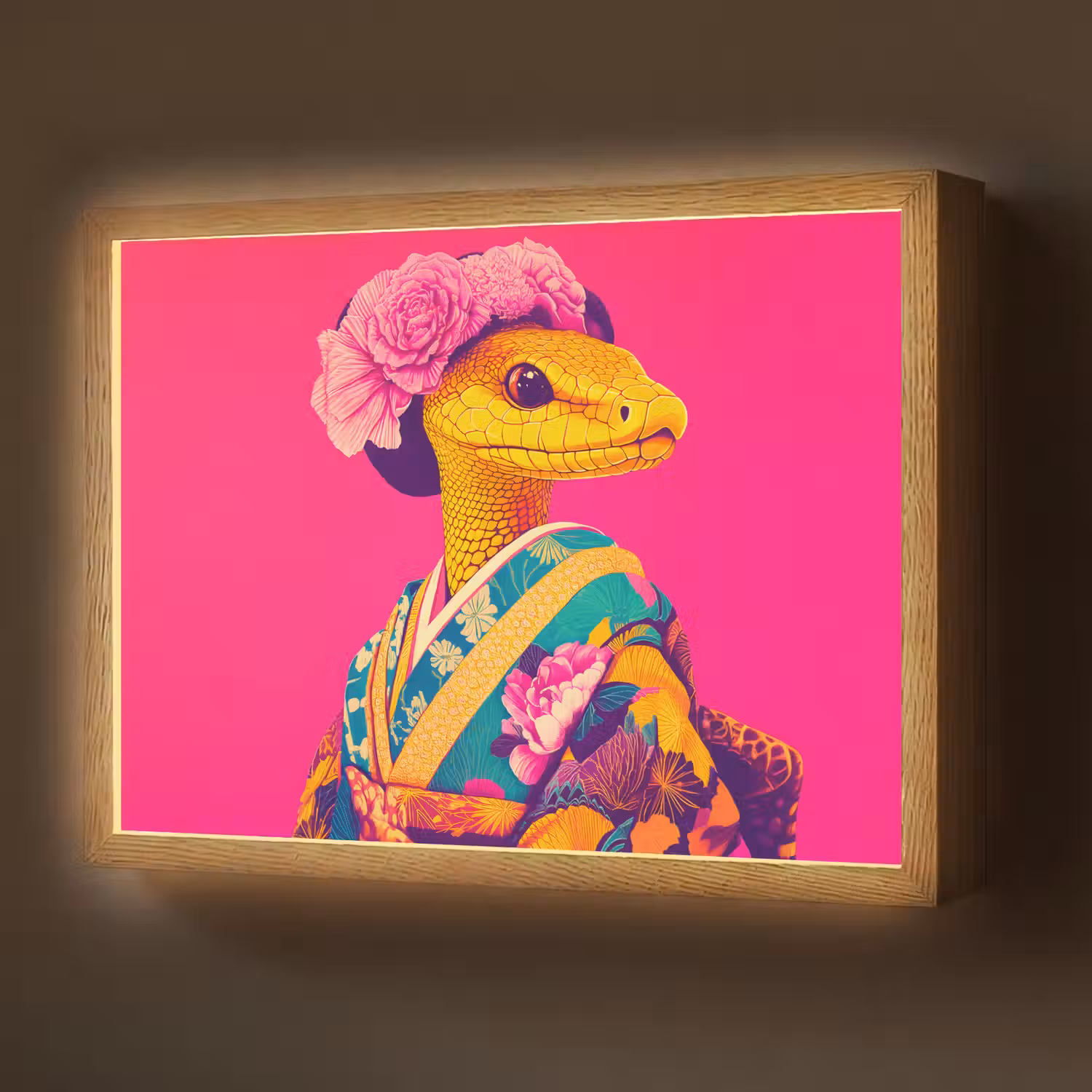 Hagedis - Bloemen - Roze - Kimono Light Box met batterij (Wandlamp) middel -z3d_website
