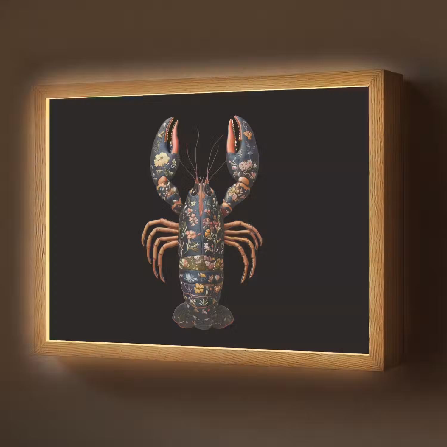 Kreeft - Zwart - Bloemenpatroon - Artistiek Light Box met batterij (Wandlamp) middel -z3d_website