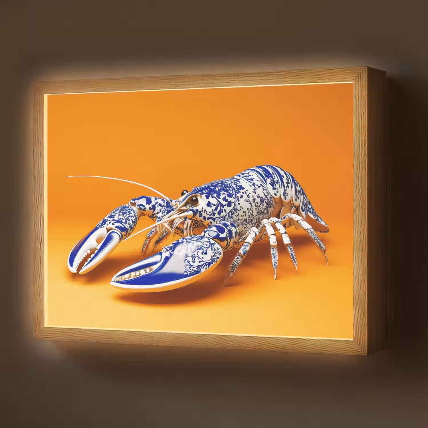 Kreeft - Delftsblauw - Schild - Stoer - Oranje Light Box met batterij (Wandlamp) middel -z3d_website