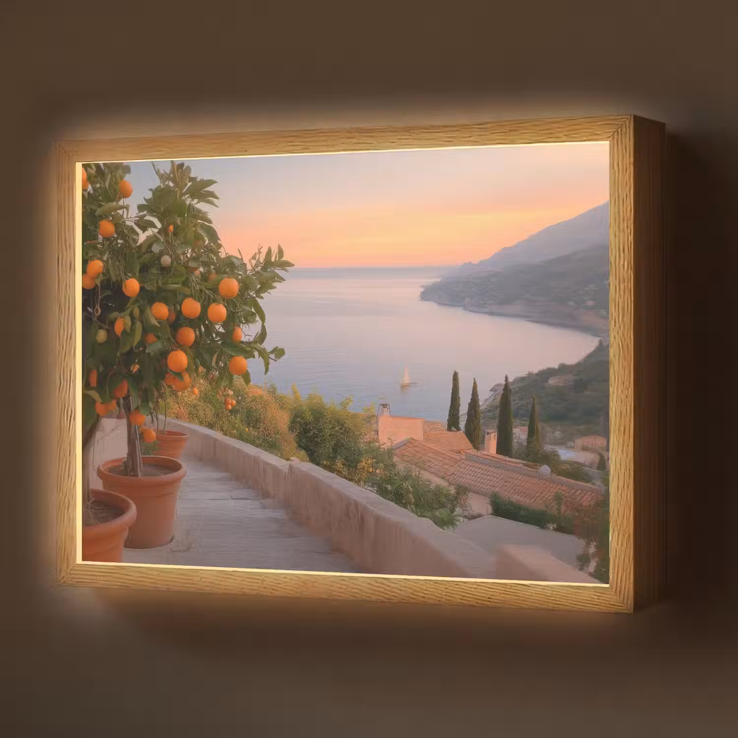 Middelandse zee - Sinaasappel - Heuvels - Zee Light Box met batterij (Wandlamp) middel -z3d_website