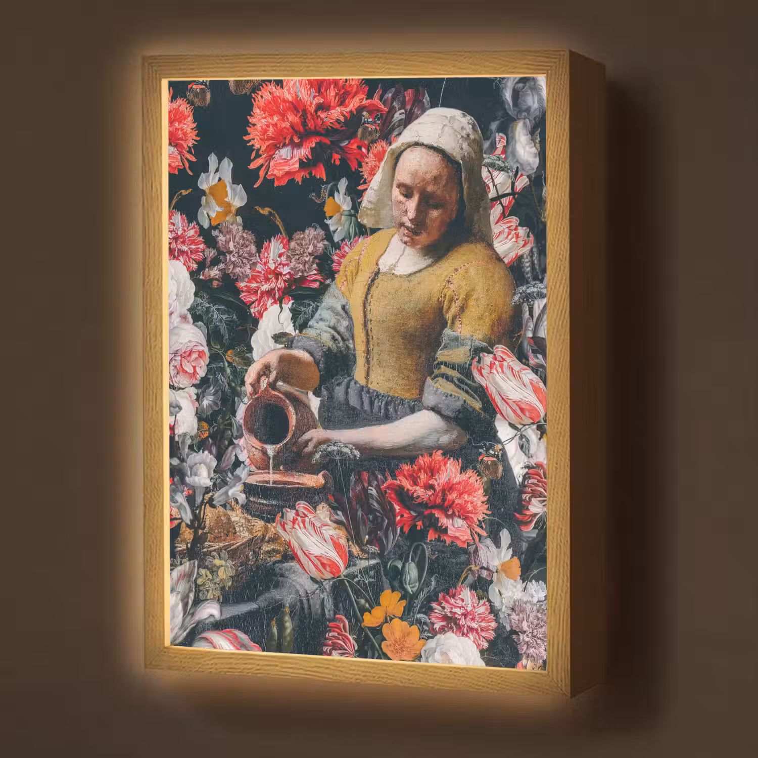 Melkmeisje - Johannes Vermeer - Bloemen - Roze Light Box met batterij (Wandlamp) middel -z3d_website