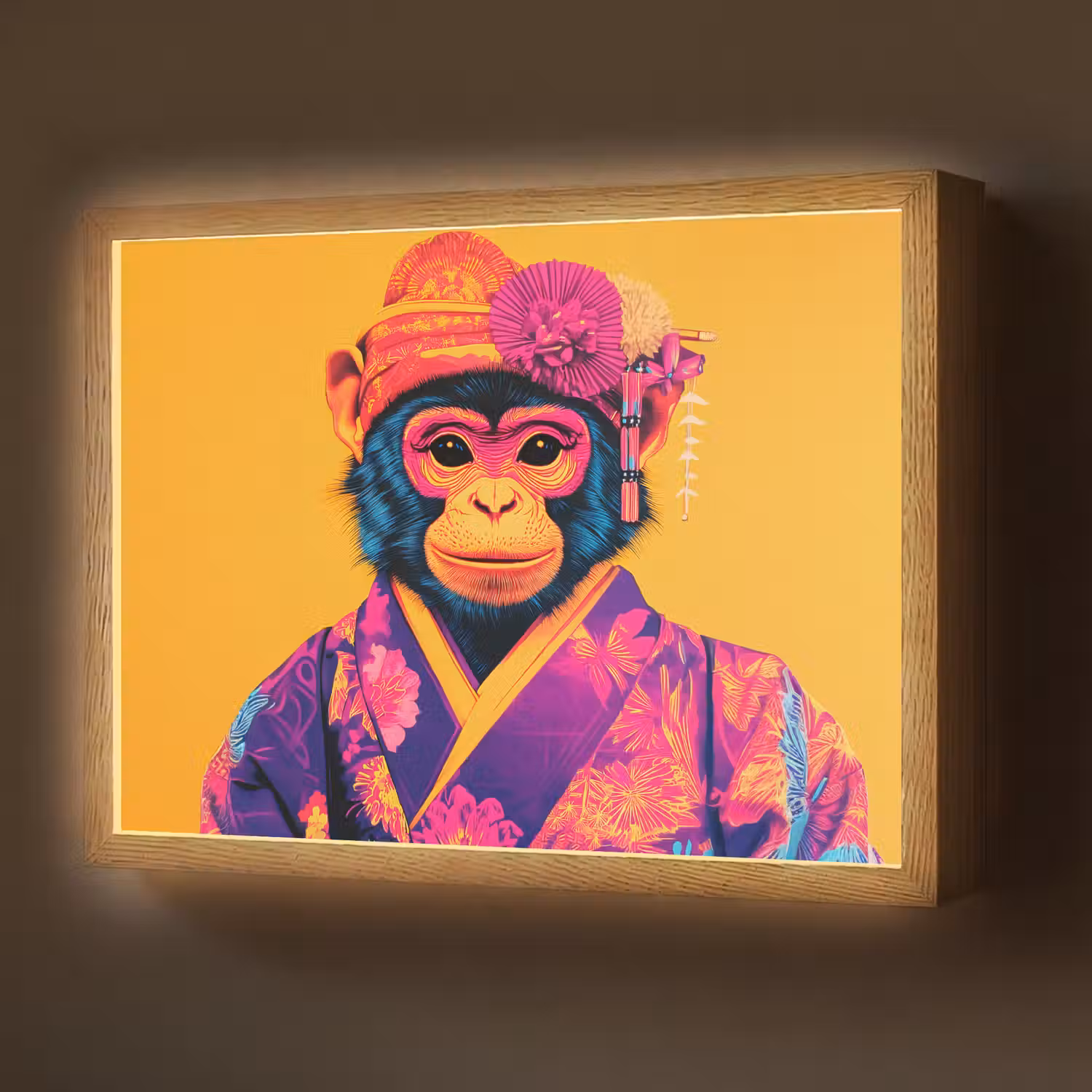 Aap - Kimono - Bloemen - Hoofdtooi Light Box met batterij (Wandlamp) middel -z3d_website
