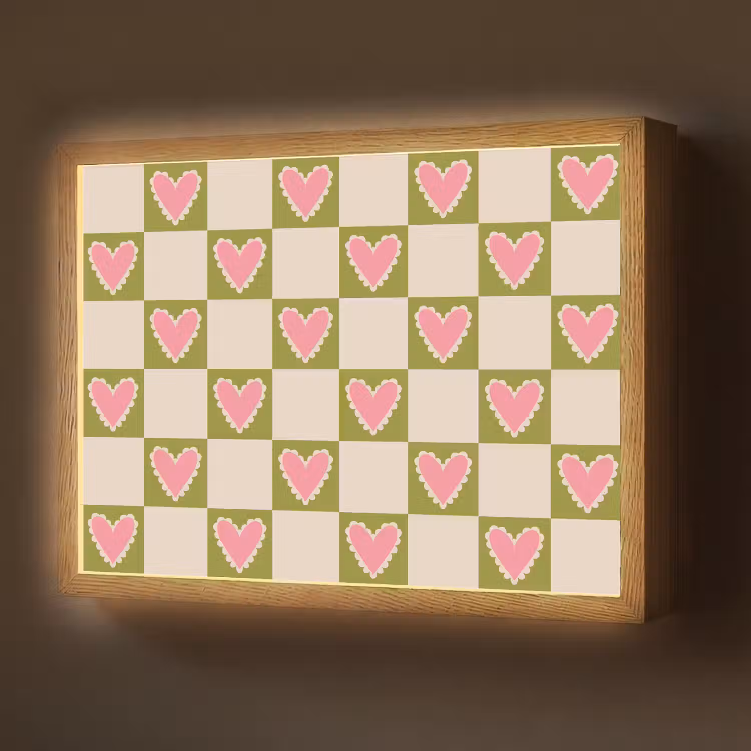 Olijfgroen - Hartjes - Patroon - Retro Light Box met batterij (Wandlamp) middel 907 -z3d_website