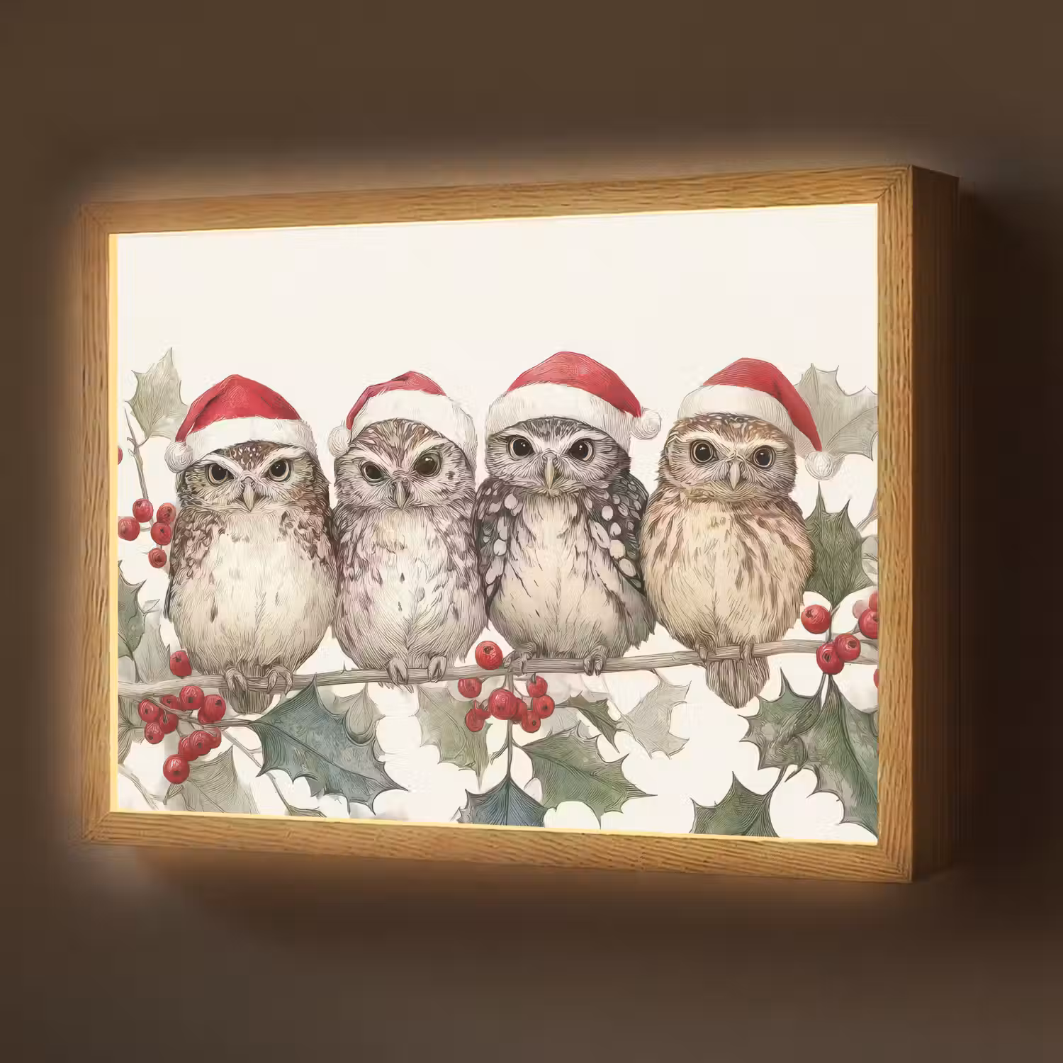 Uilen - Tak - Hulstblaadjes - Kerstmuts Light Box met batterij (Wandlamp) middel -z3d_website