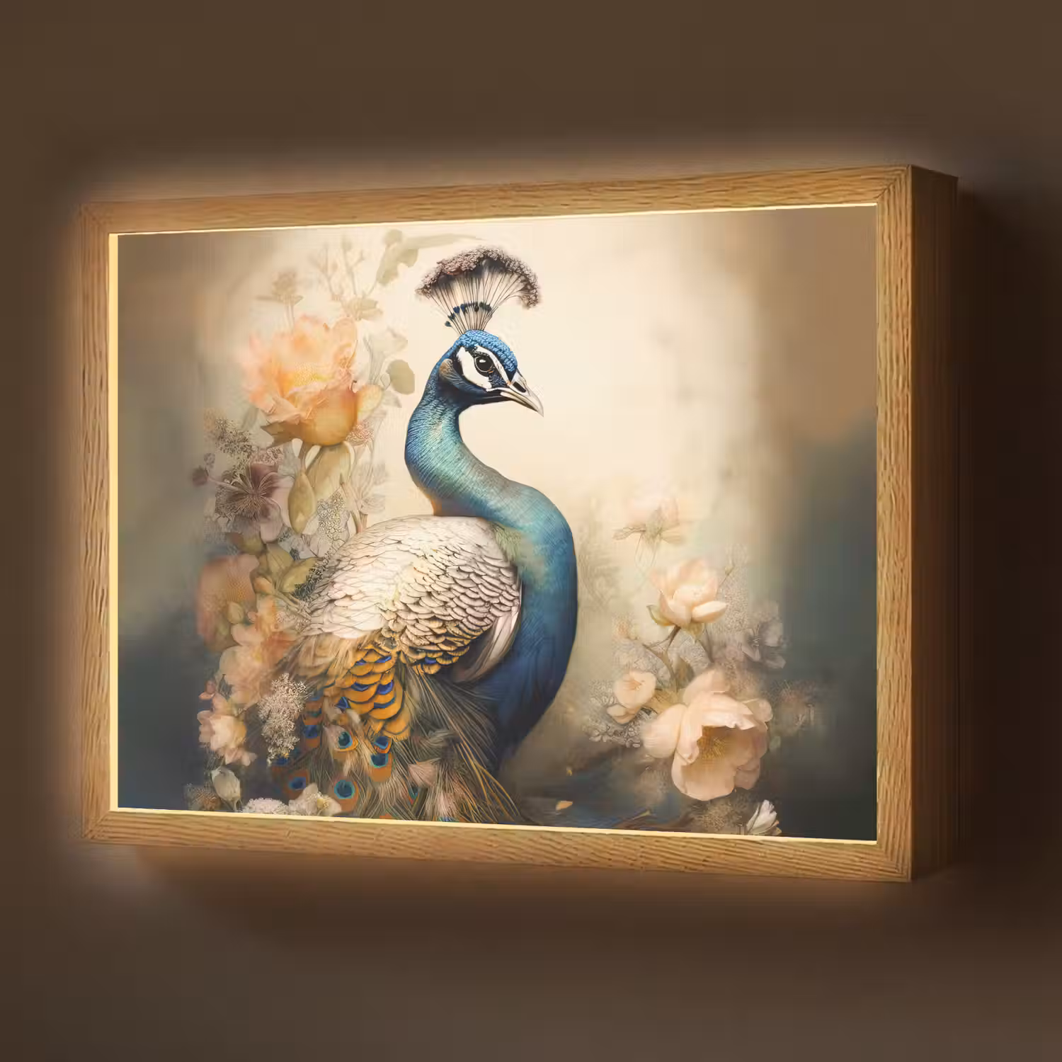 Pauw - Pauwenveren - Bloemen - Vogels - Botanisch Light Box met batterij (Wandlamp) middel -z3d_website