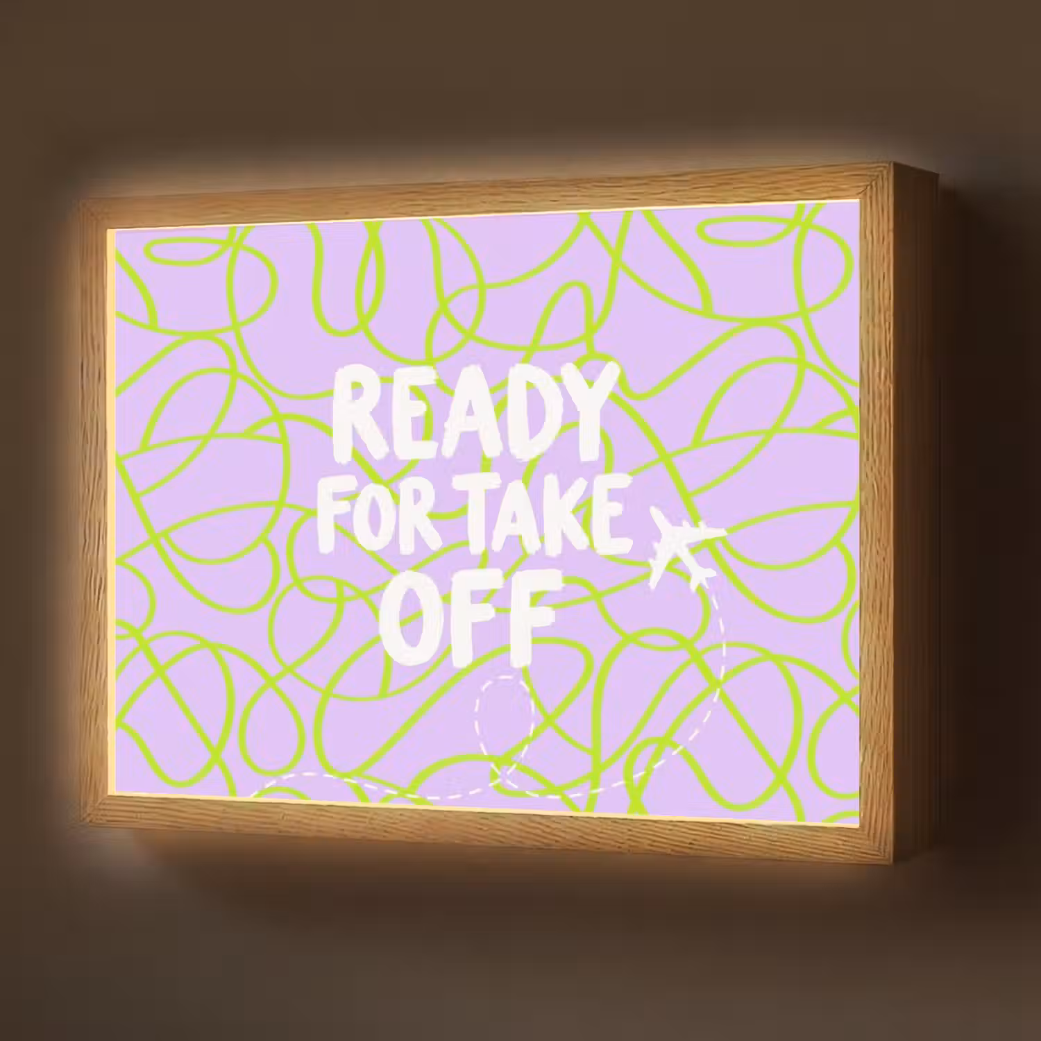 Ready for take off - Vliegtuig - Groen - Paars - Golvende lijnen Light Box met batterij (Wandlamp) middel -z3d_website