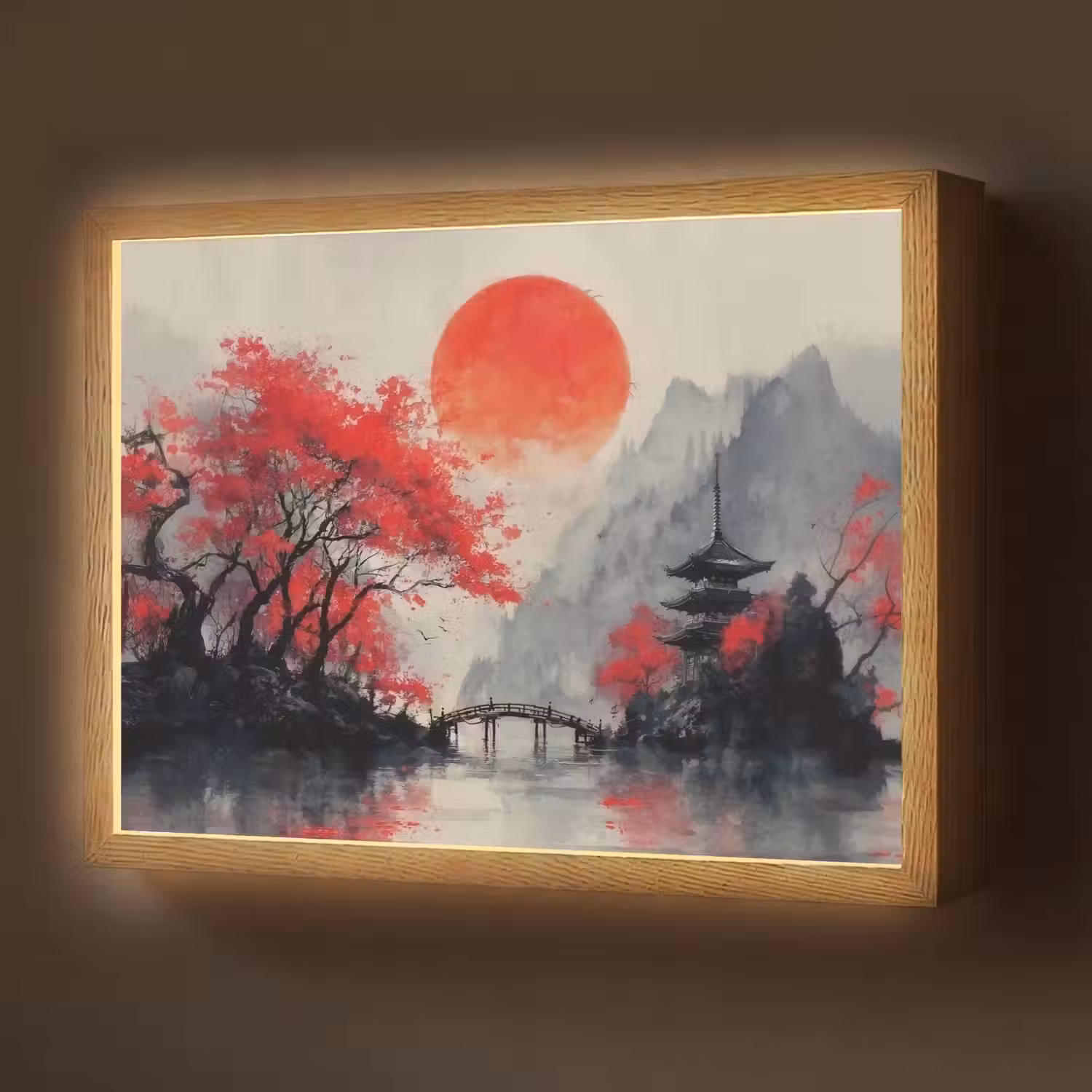 Rode zon - Rivier - brug - Bomen Light Box met batterij (Wandlamp) middel -z3d_website